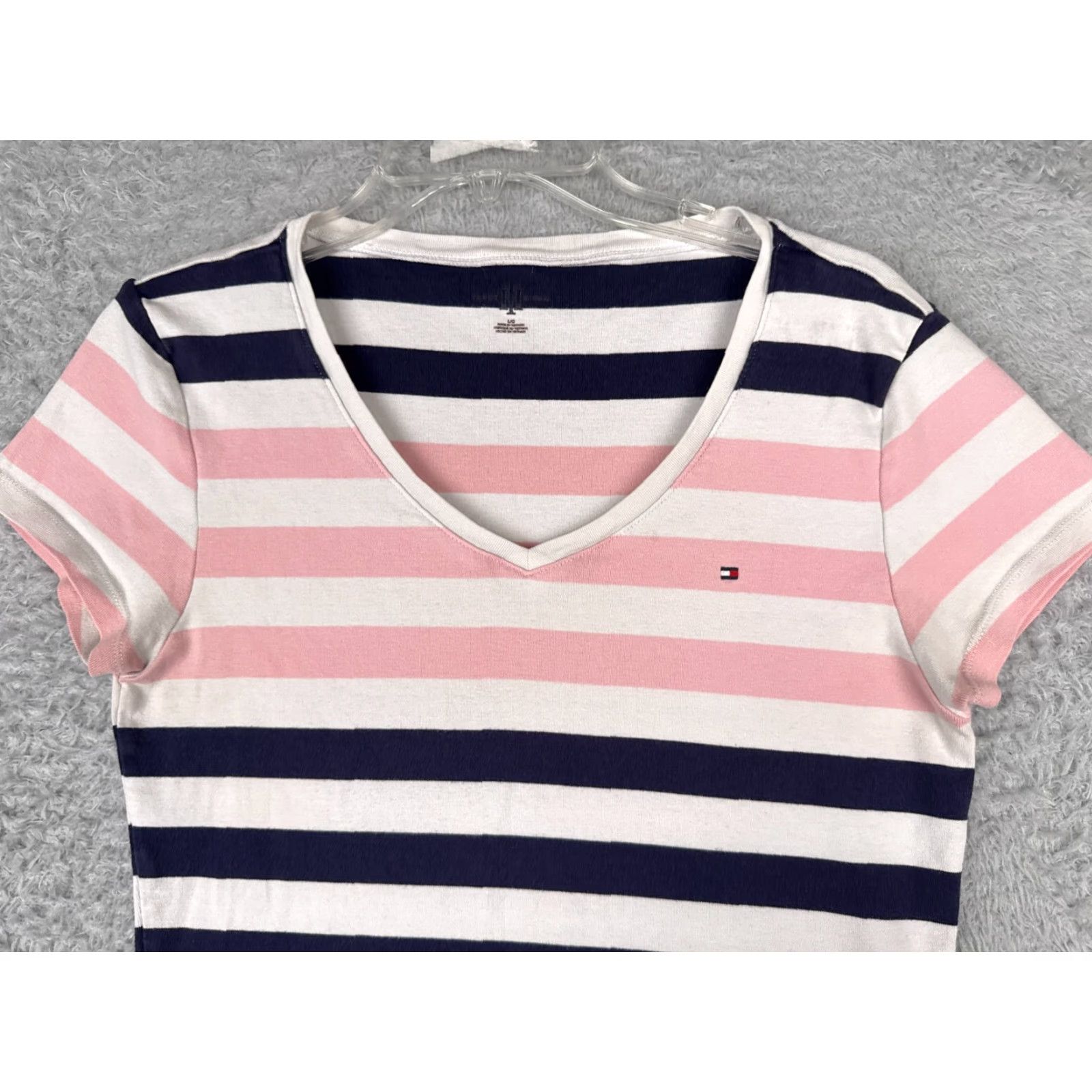 Tommy Hilfiger Tommy Hilfiger Shirt Women Large Pink Blue Striped V-Neck Cotton Designer Classic Size L / US 10 / IT 46 - 4 Thumbnail