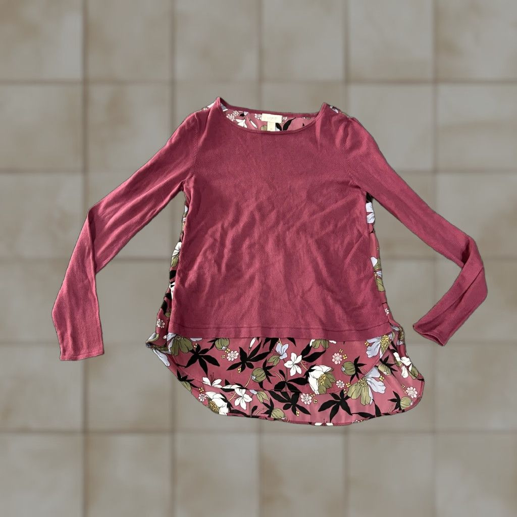 Loft VINTAGE LOFT Outlet Shirt Womens XS Pink Floral Back Long Sleeve Mixed Media Top Hi Low Size XS / US 0-2 / IT 36-38 - 1 Thumbnail