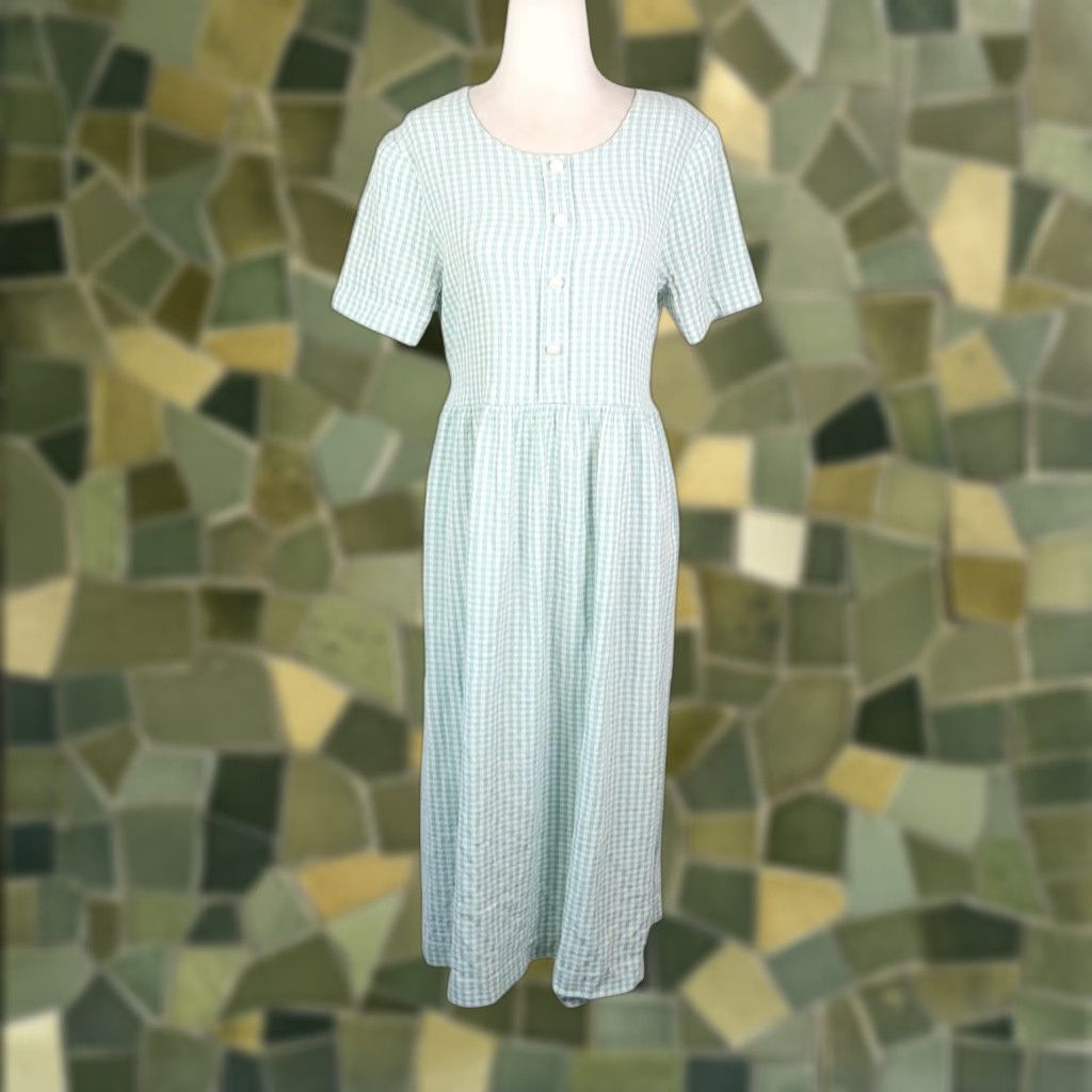Vintage VINTAGE 90s Mint Green and Cream Gingham Midi Dress M Women Short Sleeve Sundress Casual 80s 90s Pattern Dress Mid Size M / US 6-8 / IT 42-44 - 1 Thumbnail