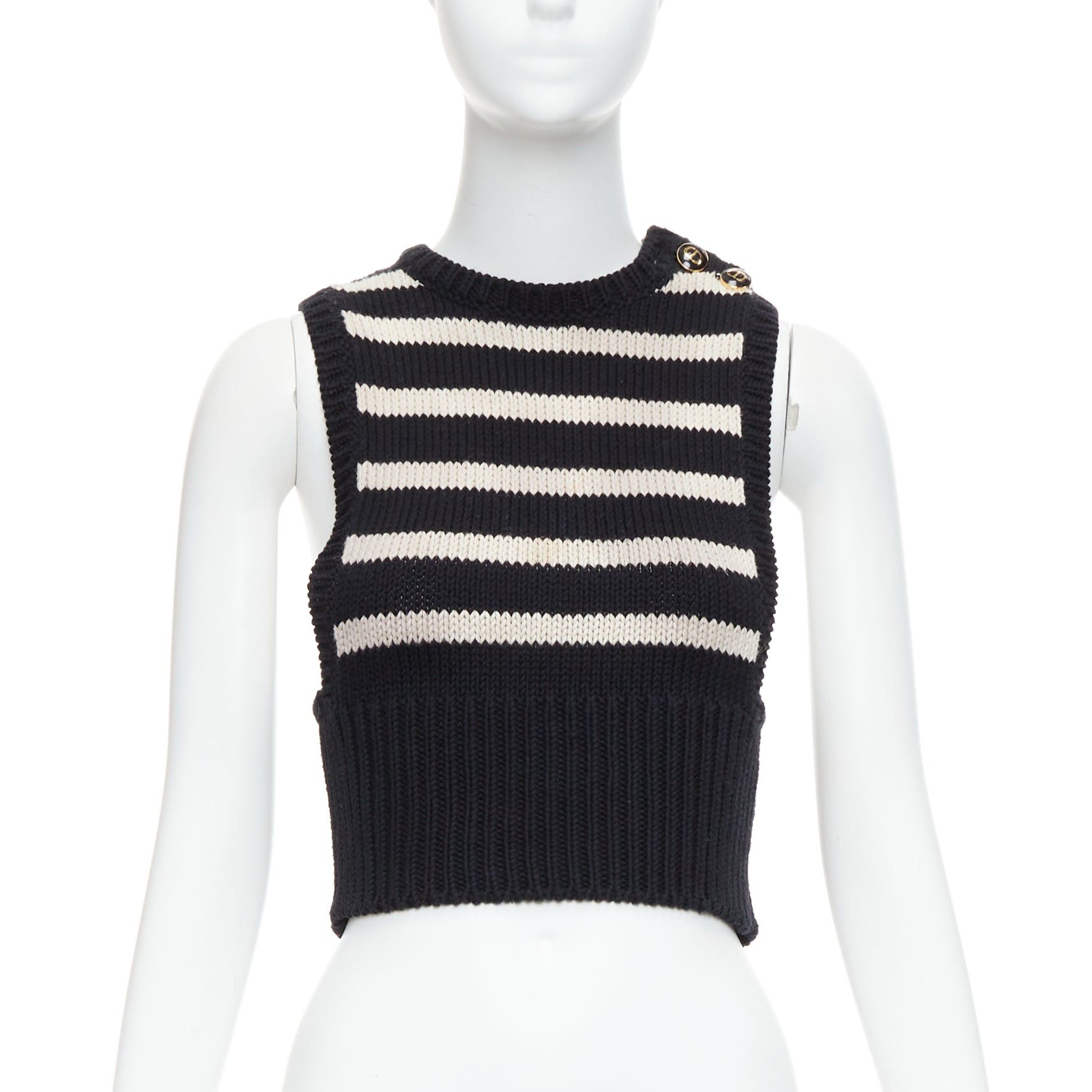 Dior CHRISTIAN DIOR black cream cotton cashmere striped CD logo button cropped vest FR34 XS Size XS / US 0-2 / IT 36-38 - 1 Thumbnail
