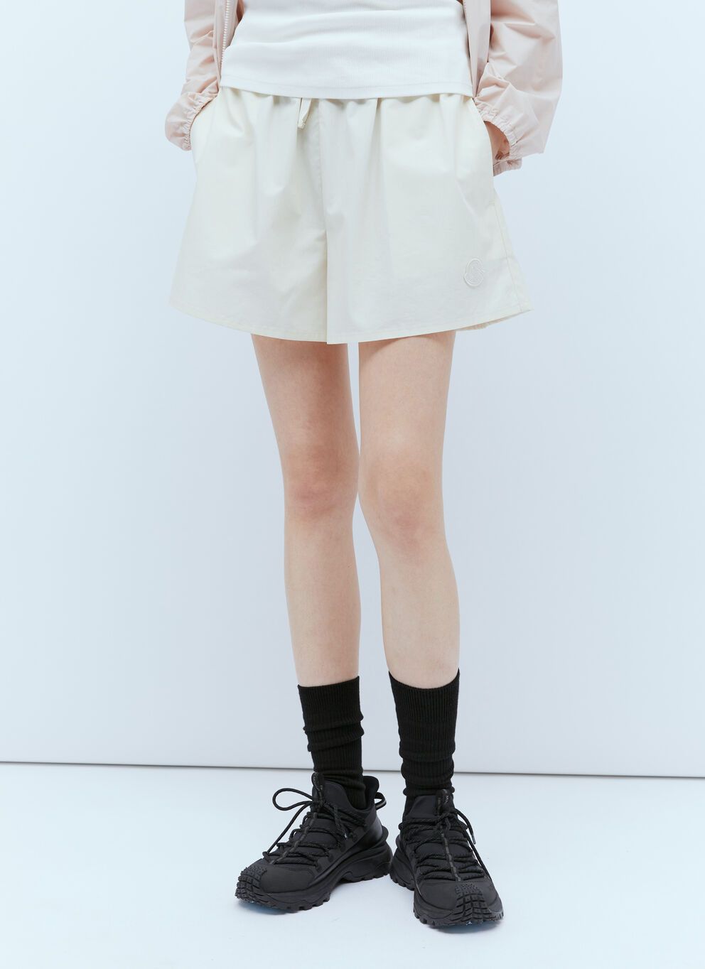 image of Moncler Logo Patch Drawstring Shorts in White, Women's (Size 26)