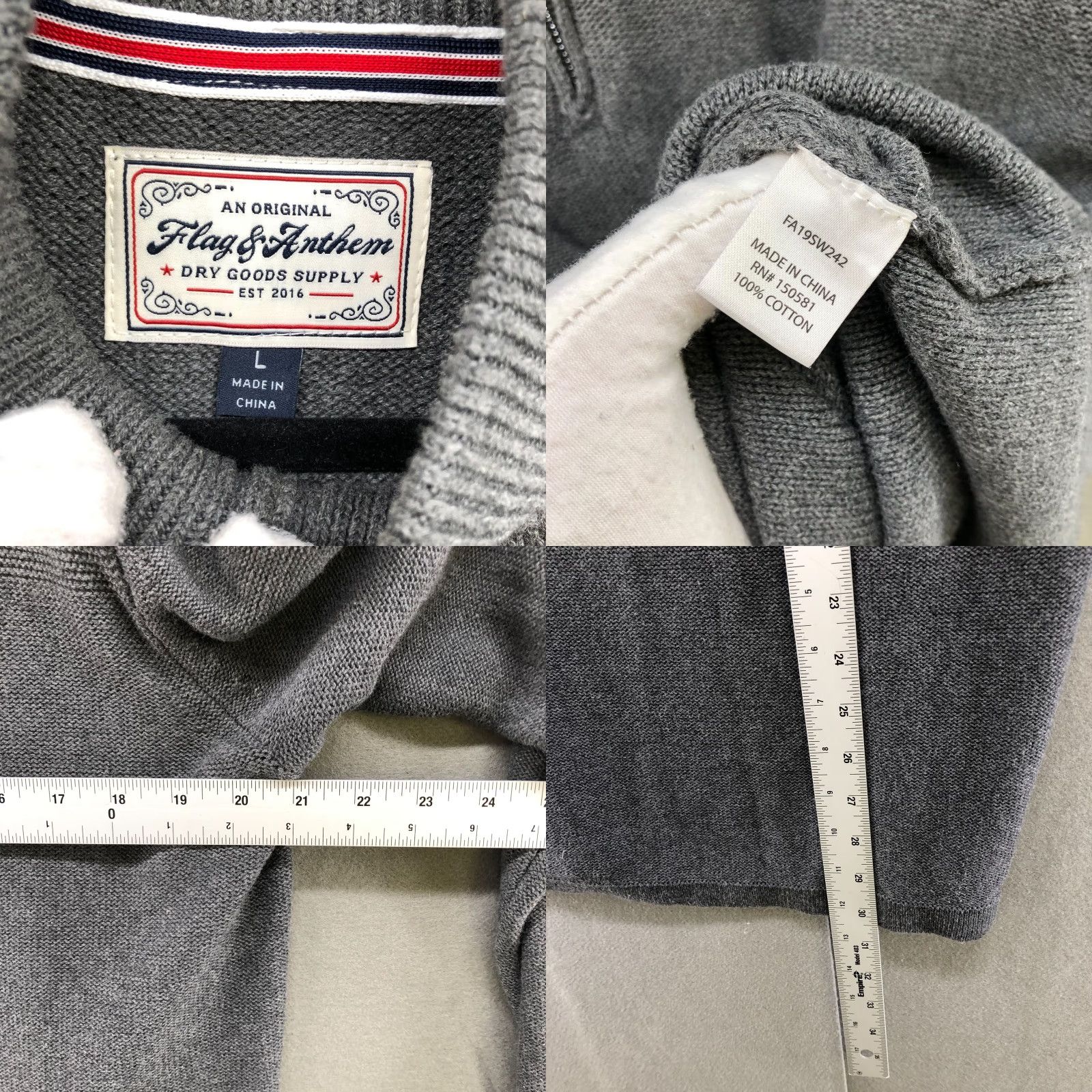 Flag & Anthem Flag & Anthem Sweater Mens L Gray 1/4 Zip Pullover Cotton Knit Textured Knit 1/2 Zip Mock Neck Casual Modern Classic Pullover Mens L Gray Size US L / EU 52-54 / 3 - 8 Thumbnail