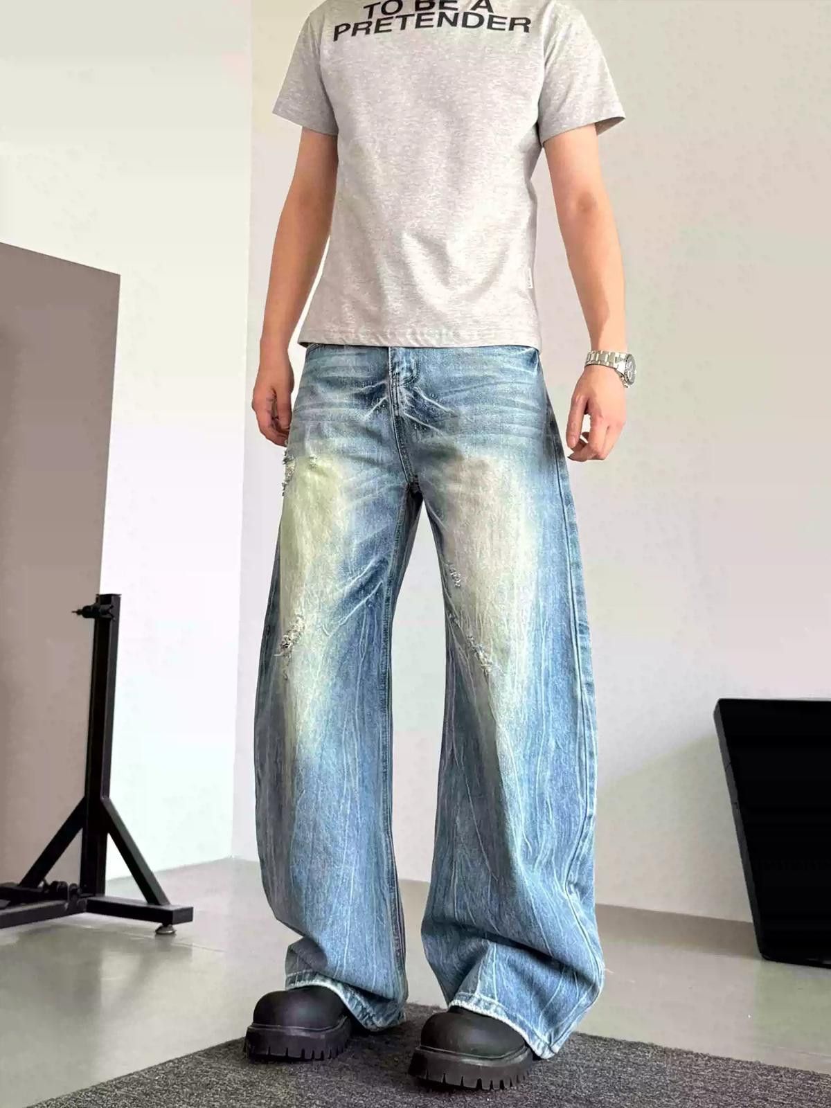 Light Wash Distressed Wide-Leg Jeans