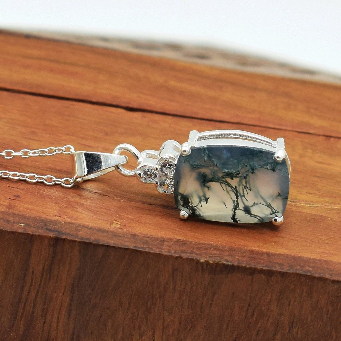 Handmade Natural Moss Agate 925 Sterling Silver Necklace - 18 Inch Size ONE SIZE - 5 Thumbnail
