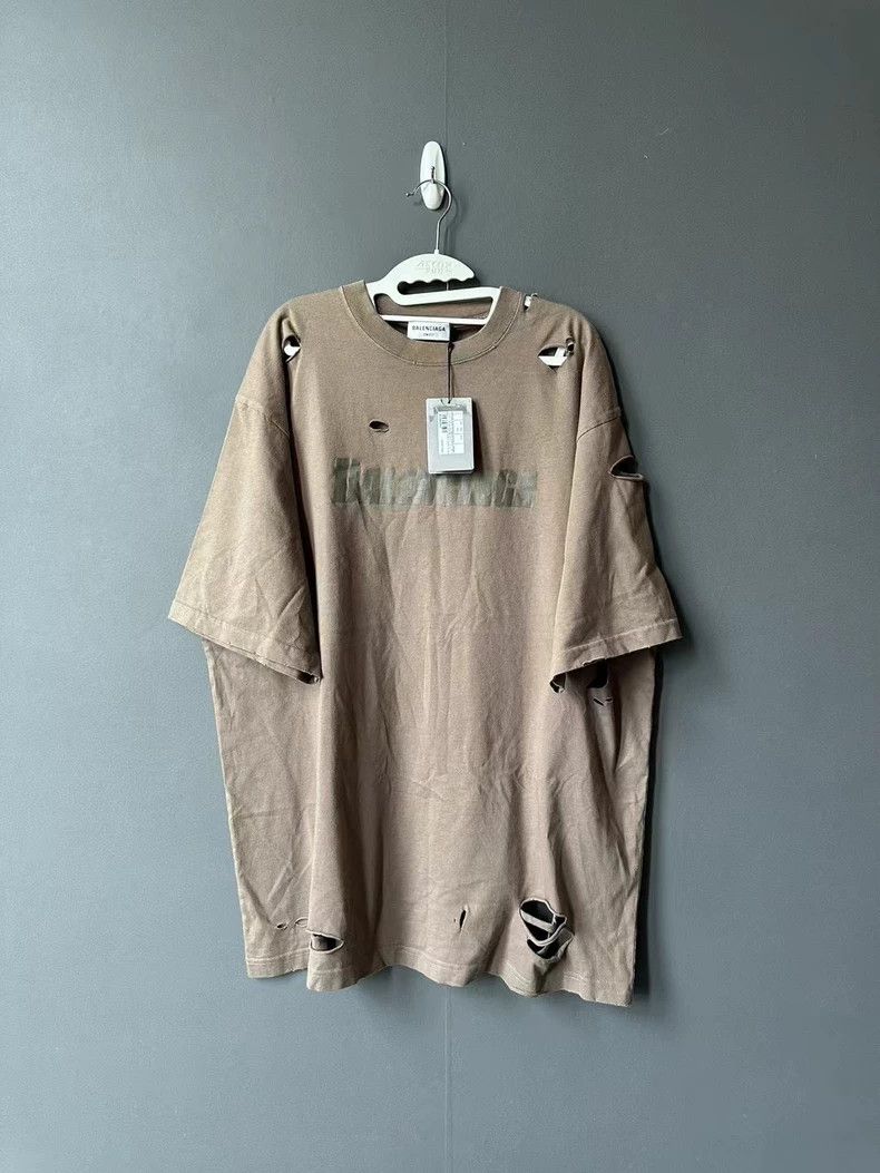 Balenciaga Balenciaga Brown Distressed Short Sleeve Shirt - dmc Size US S / EU 44-46 / 1 - 1 Thumbnail
