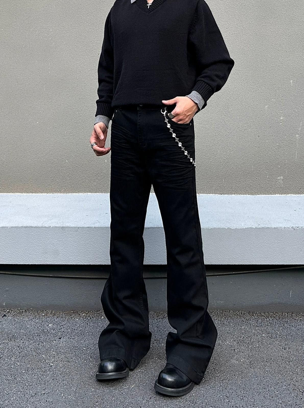 Japanese Brand Black Flared Wide Leg Pants, Men's Casual Trousers Size US 32 / EU 48 - 4 Thumbnail