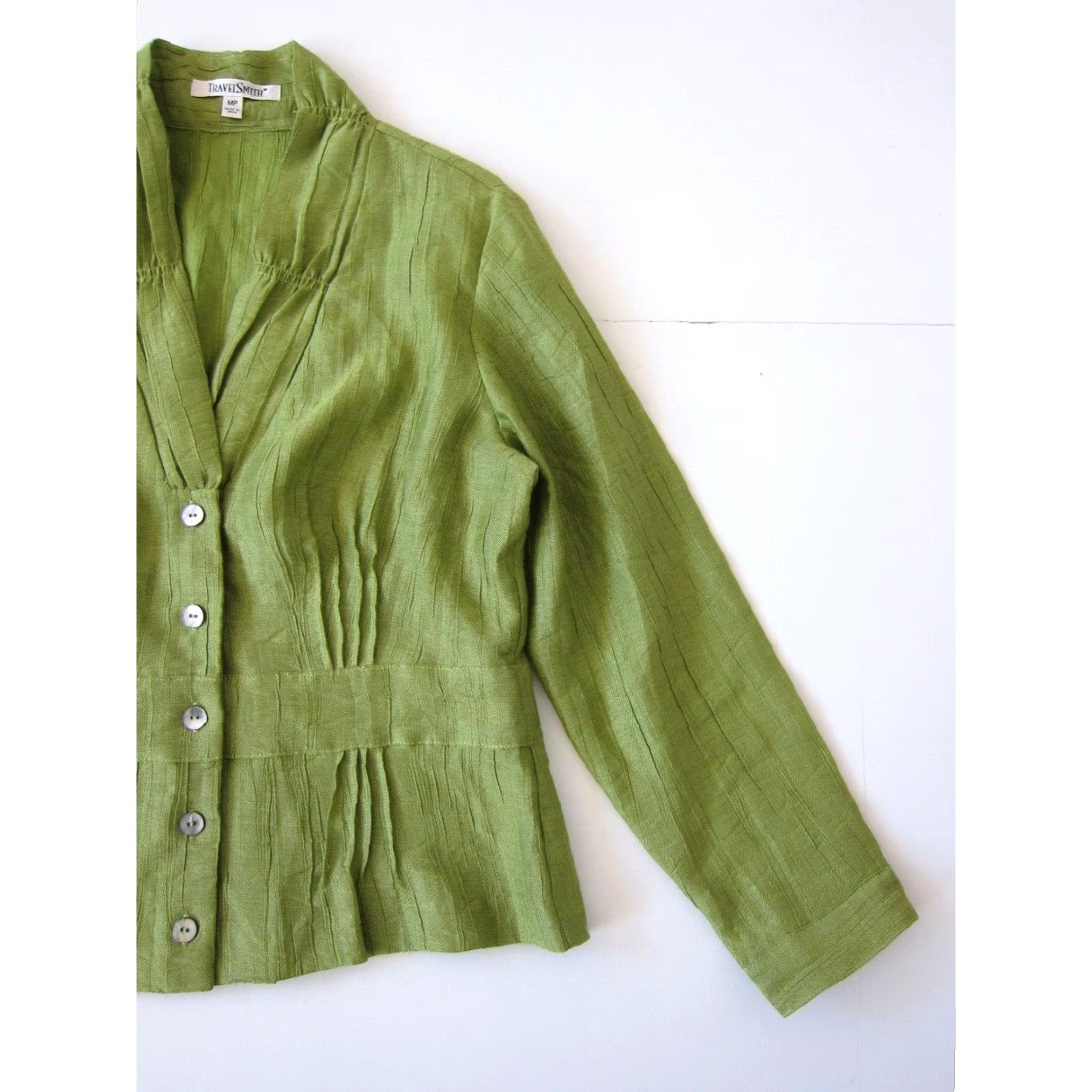 Vintage TravelSmith Blouse PM Petite Long Sleeve Collared Button Down Green Linen Rayon Shirt Womens Size M / US 6-8 / IT 42-44 - 7 Thumbnail