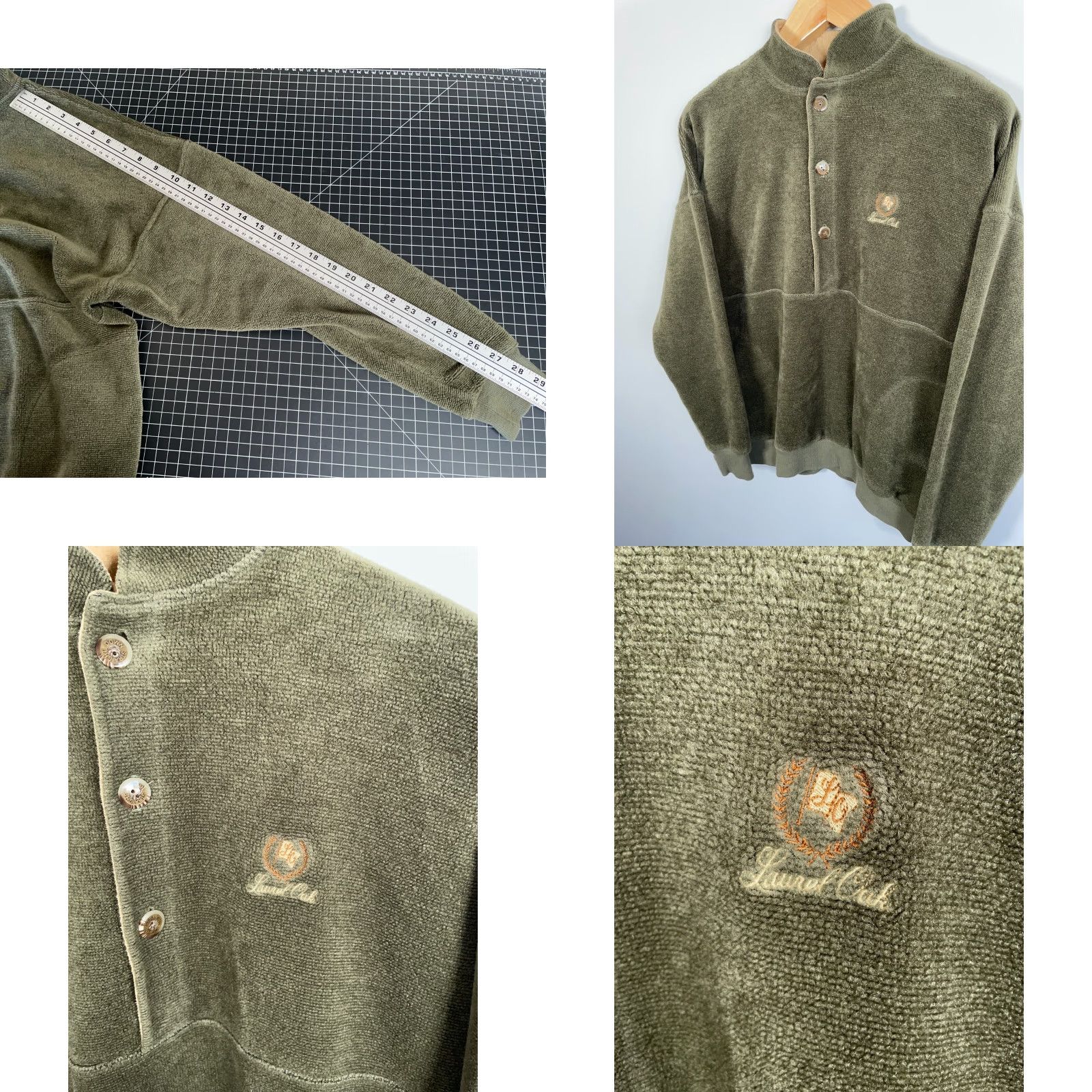 Olive VINTAGE Straight Down Fleece Henley Pullover Shirt Mens Large Olive Green USA Made 80s Retro Golf Pockets Front Embroidery Size US L / EU 52-54 / 3 - 8 Thumbnail