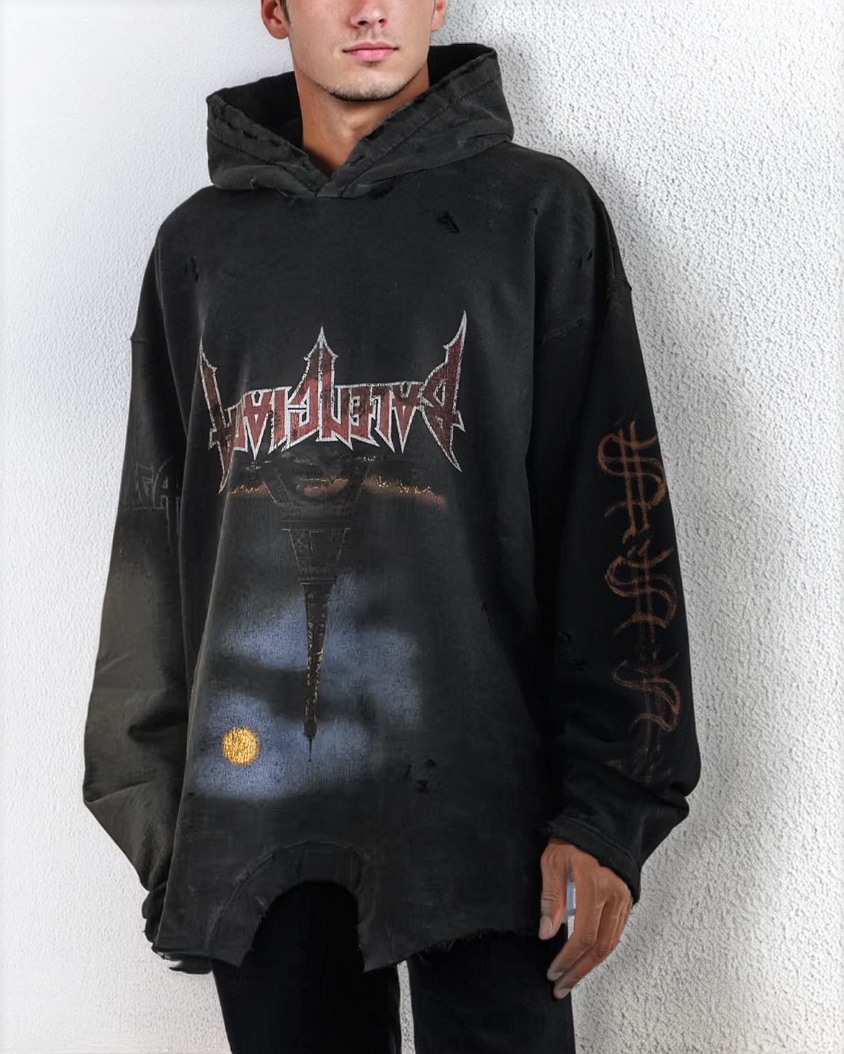 Balenciaga Oversized Distressed Printed Cotton-Jersey Hoodie Size US S / EU 44-46 / 1 - 1 Thumbnail