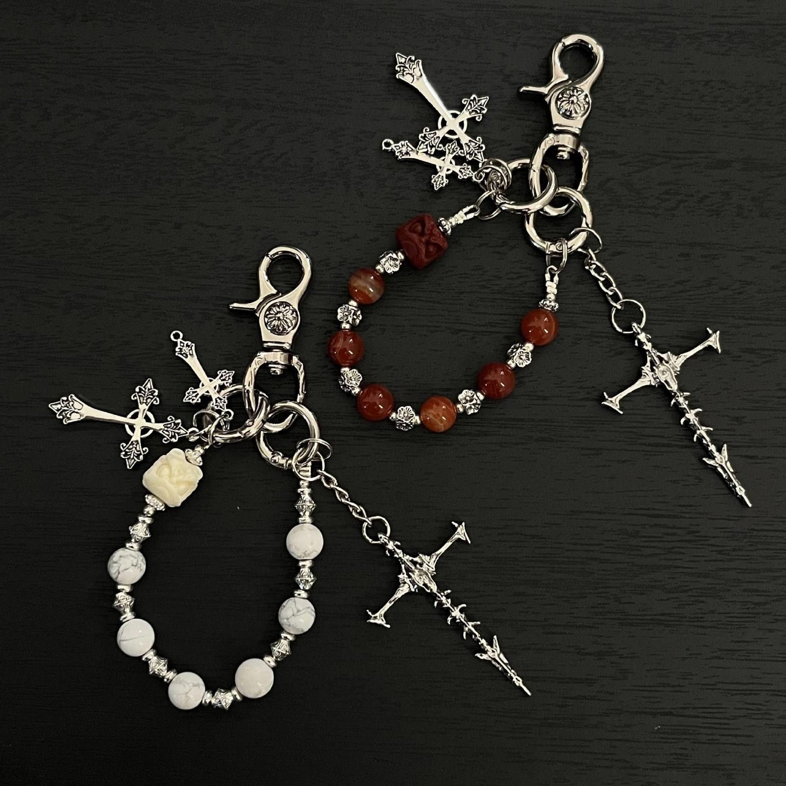 Jewelry Silver Cross Charm Keychains with Beaded Detail Size ONE SIZE - 6 Thumbnail