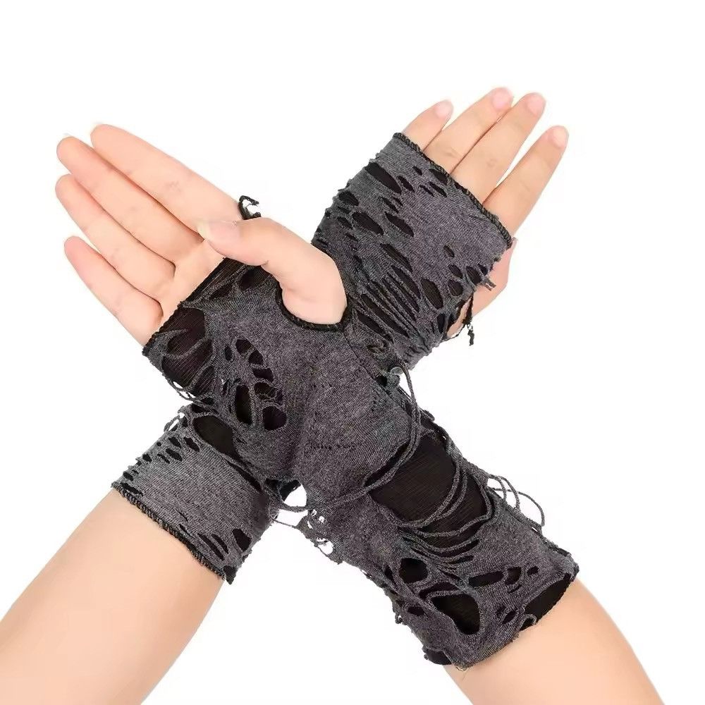 Other Simple Gothic Fingerless Gloves Unisex Tear Design Stretchy Size ONE SIZE - 3 Thumbnail