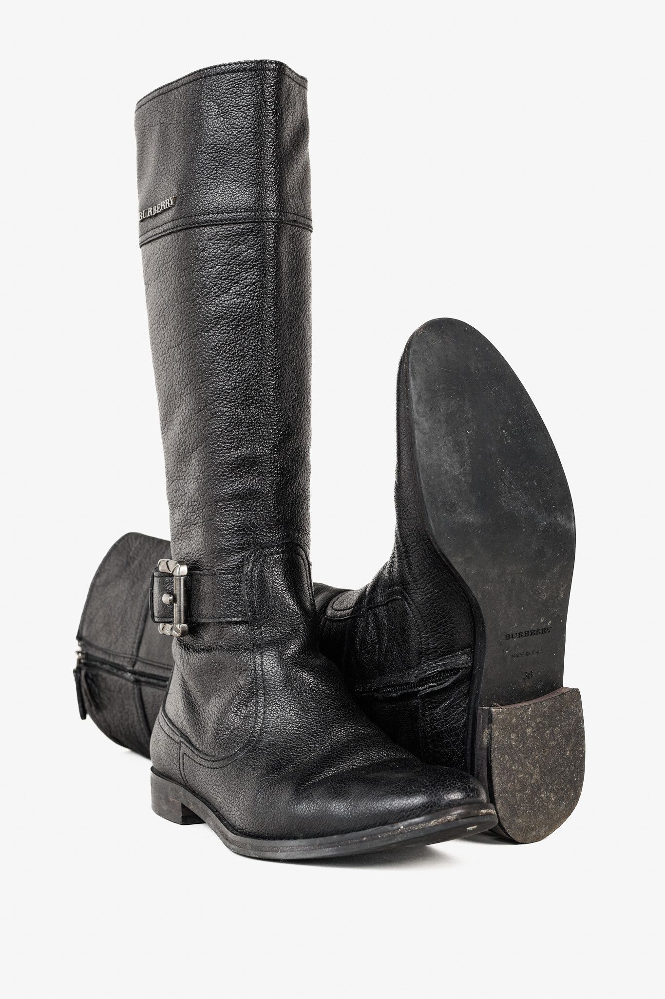 Burberry Burberry Black Grained Leather Buckled Riding Boots Size US 5.5 / IT 35.5 - 4 Thumbnail