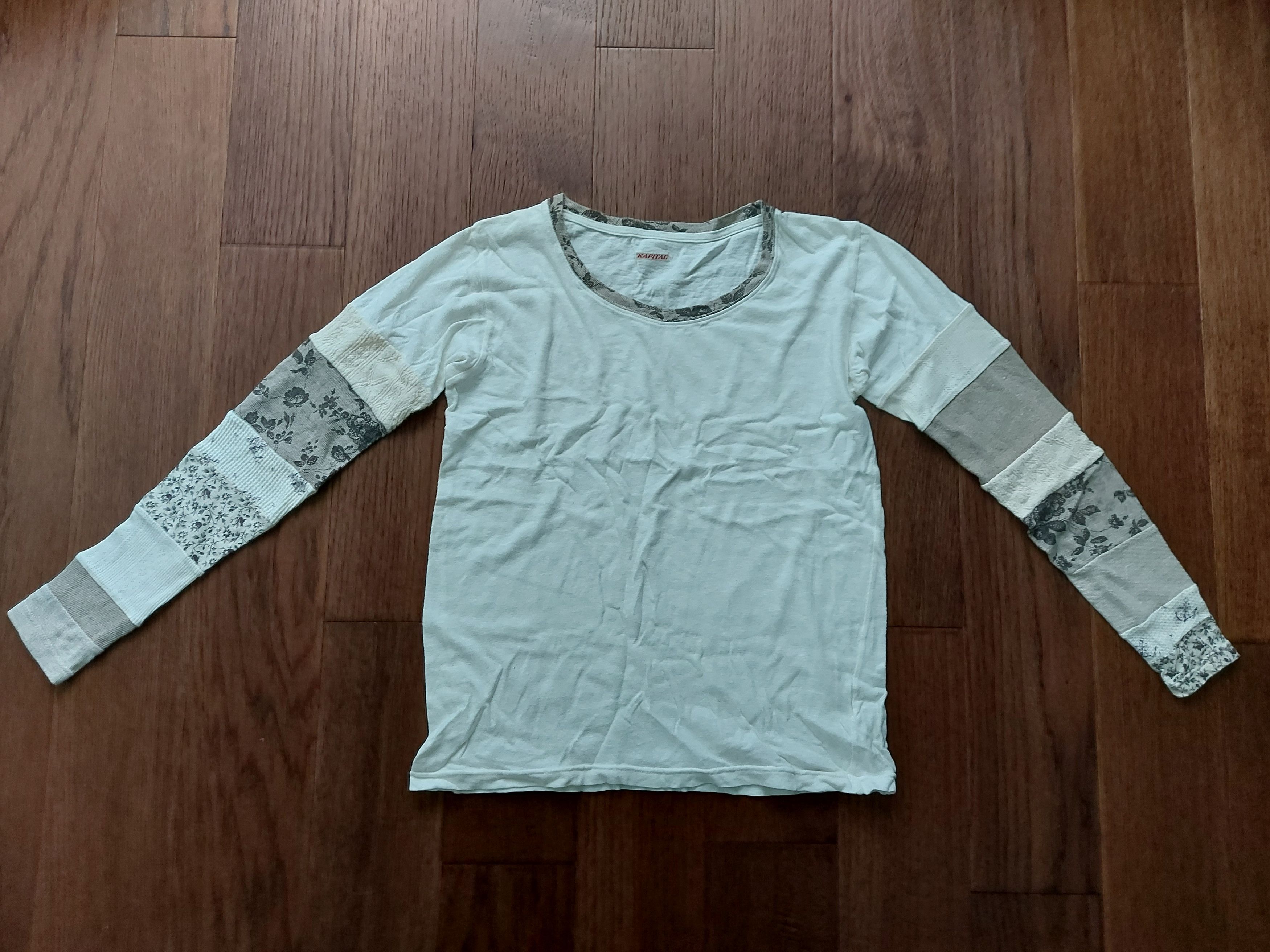 image of Kapital Boro Patchwork Long Sleeve Tee in White/Beige, Men's (Size XS)