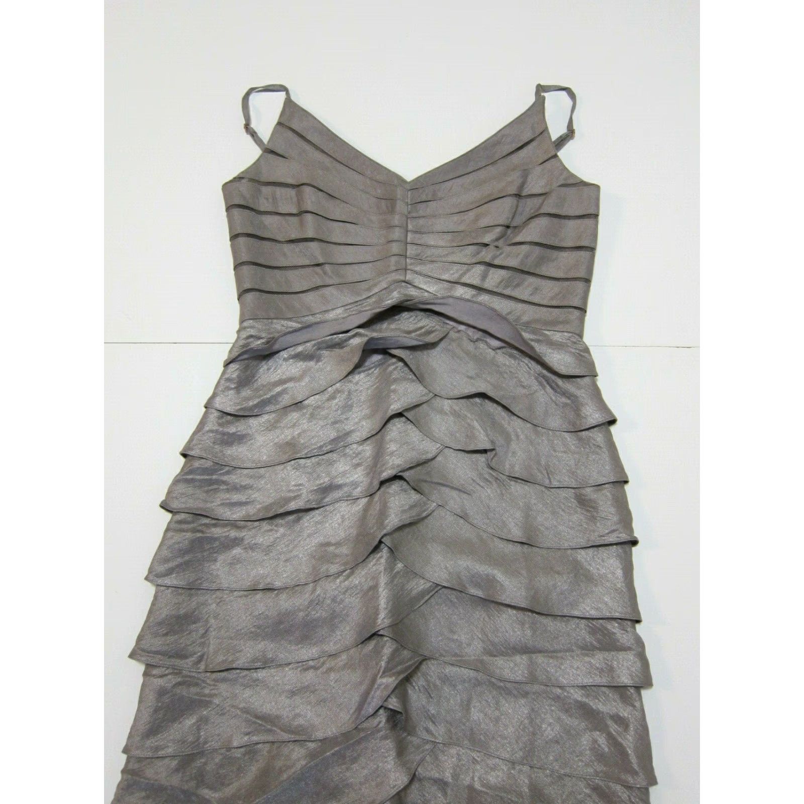 Adrianna Papell Adrianna Papell Grey Rayon Ruffle Spaghetti Strap Long Cocktail Dress Women 10 Size L / US 10 / IT 46 - 7 Thumbnail