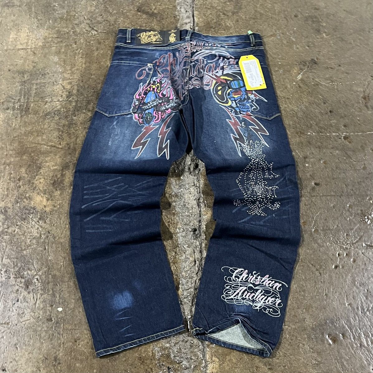 image of Crazy Vintage Y2K Christian Audigier Skull Skater Jeans in Blue, Men's (Size 40)