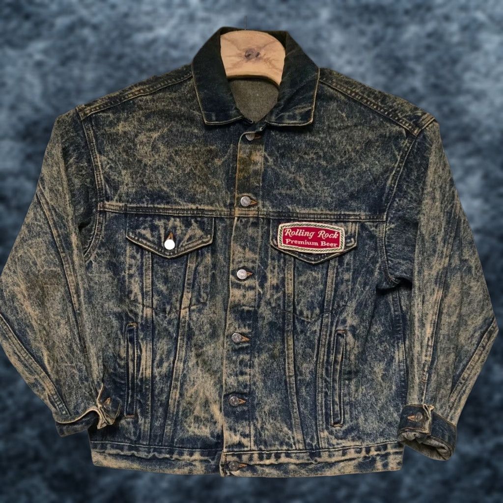 Vintage VINTAGE Rolling Rock Jean Jacket Mens Small Patch Embossed 80s Acid Wash Denim Bomber Jacket Blue Size US 29 - 1 Thumbnail