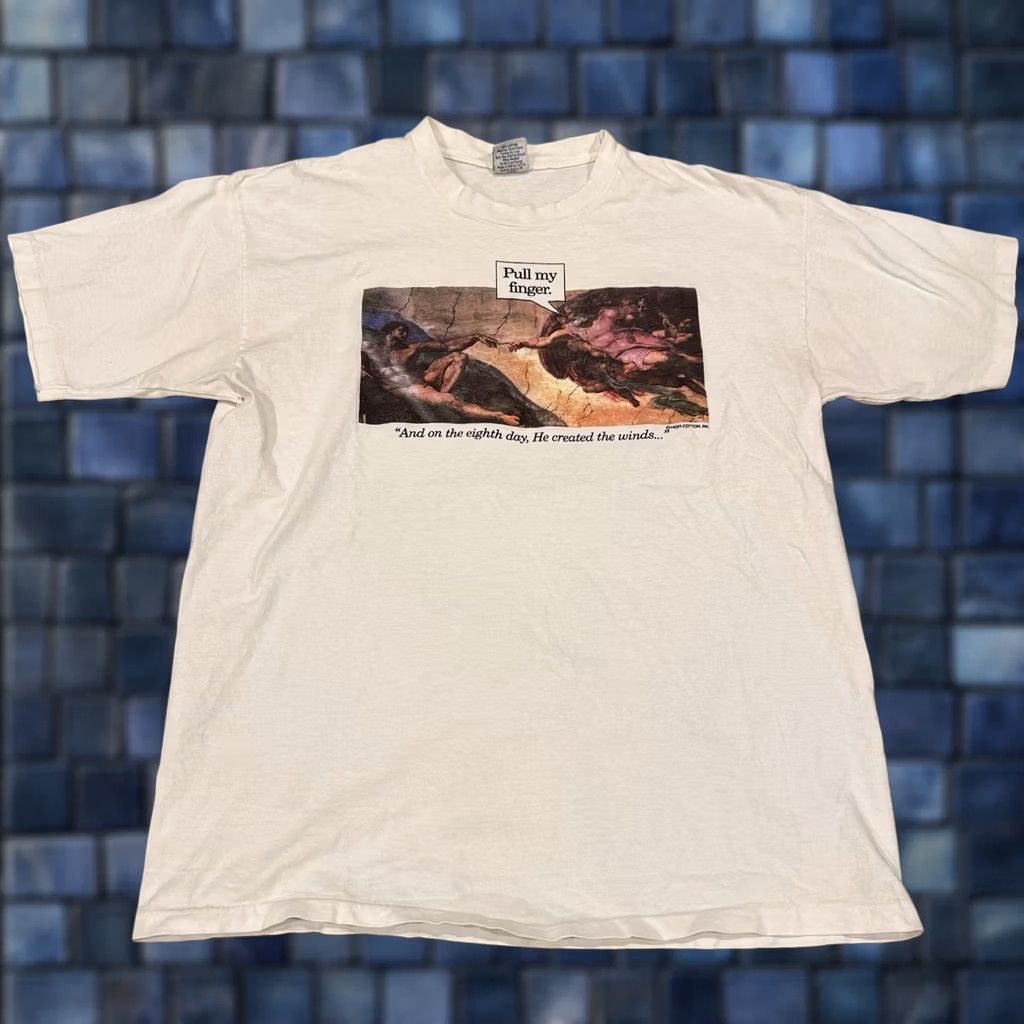 Vintage VINTAGE Michelangelo Creation Parody T Shirt XL/L Single Stitch Unisex Adults 90s White Cotton Crew Neck Short Sleeve Mens Womens 90s Size US XL / EU 56 / 4 - 1 Thumbnail