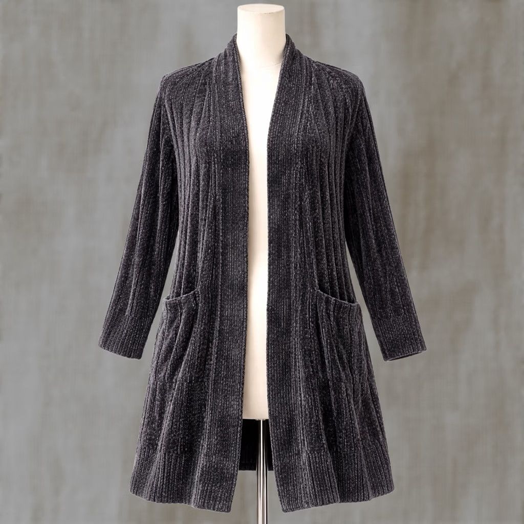 Vintage Gianni Bini Gray Velvet Cardigan Sweater Small Open Front Long Cable Knit Duster Size S / US 4 / IT 40 - 1 Thumbnail