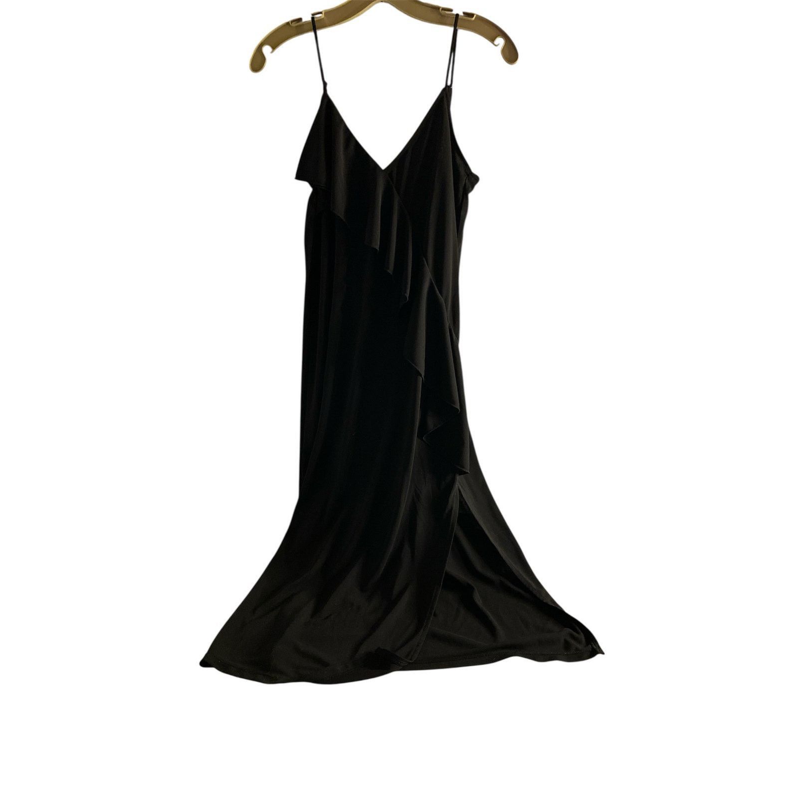 H&M Chic Minimalist Black Ruffle Slip Midi Dress with Slit H&M S Size S / US 4 / IT 40 - 2 Thumbnail