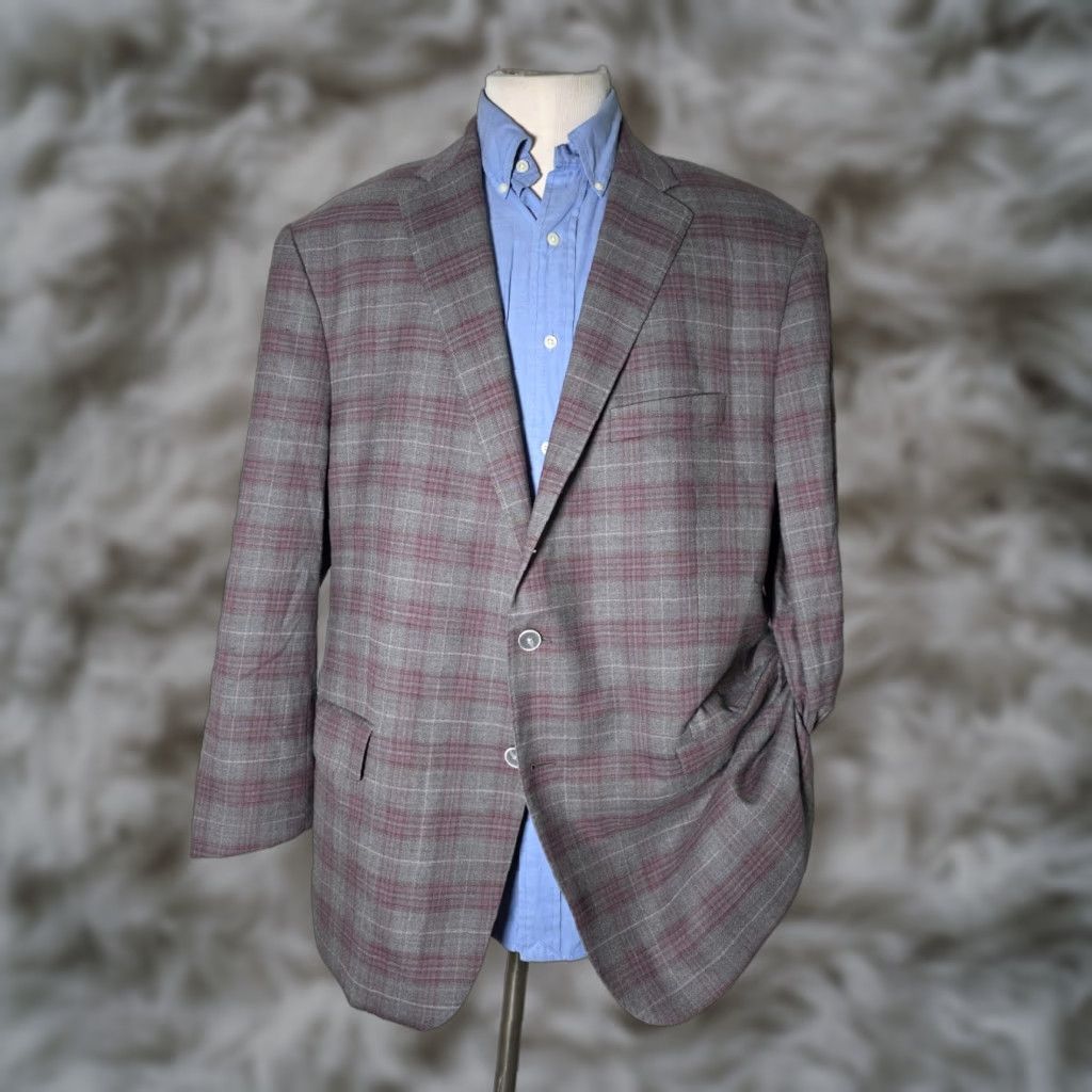Hart Schaffner Marx Hart Schaffner Marx Sport Coat Jacket 48R Regular Wool Purple Gray Plaid Notch Two-Button Single-Breasted Mens Jacket Coat Size US M / EU 48-50 / 2 - 1 Thumbnail