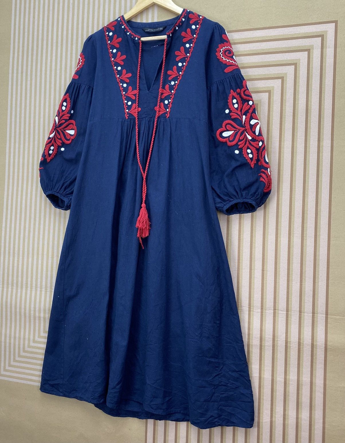 Zara 🫶 Zara Navy Balloon Sleeve Embroidered Midi Kaftan Size M / US 6-8 / IT 42-44 - 3 Thumbnail