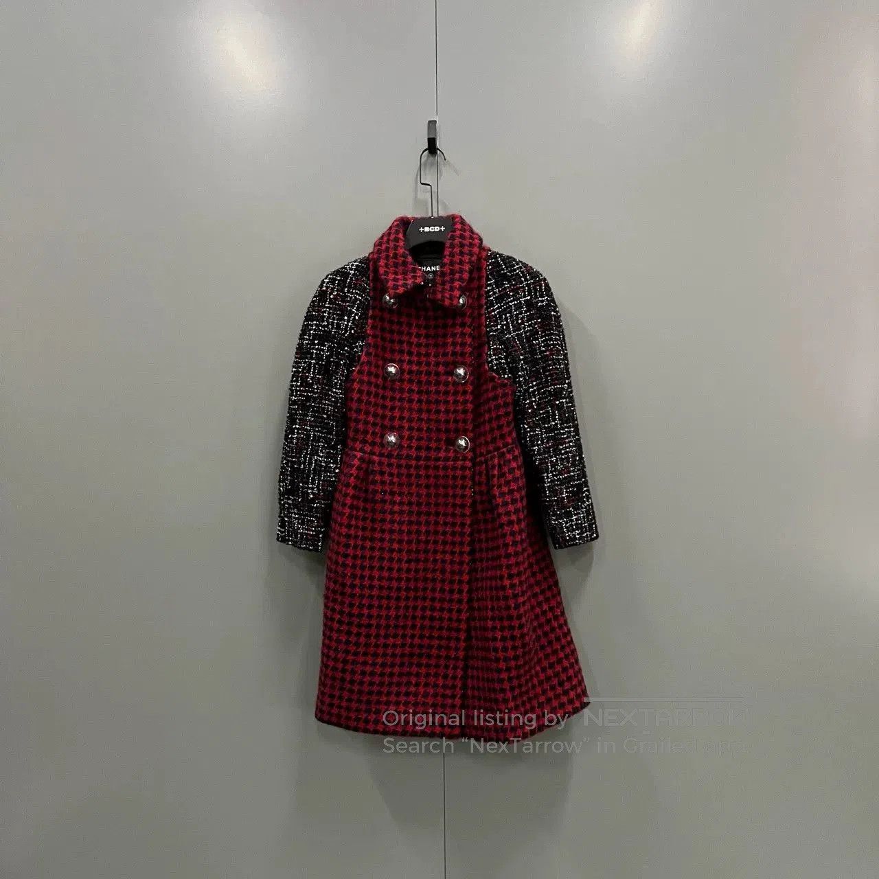 chanel patchwork woven coat in red.