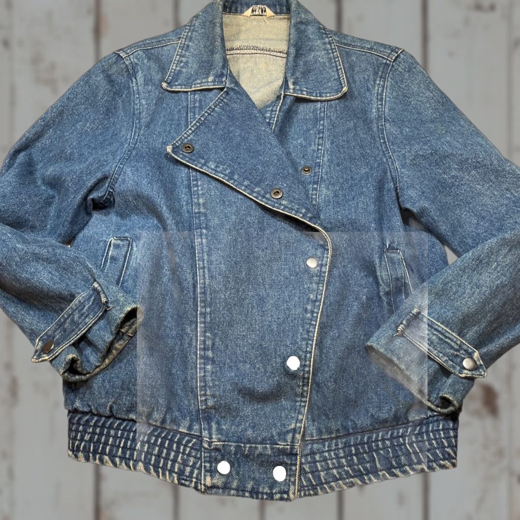 Vintage VINTAGE MOTO BIKER JEAN Jacket Women L Snap Up Fold Over notched Collar Pockets Size 36" / US 14 / IT 50 - 1 Thumbnail
