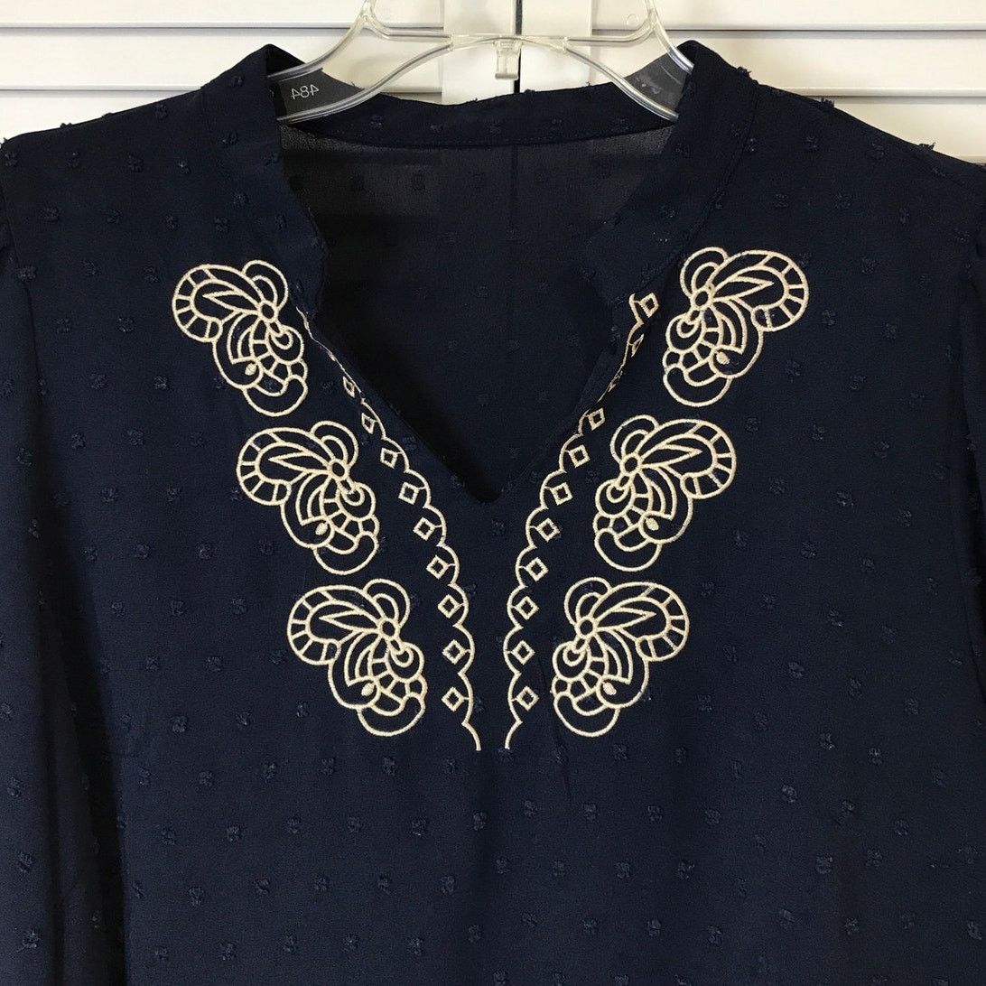 Shein Shein Blue Gold Embroidered V-neck ¾ Sleeve Blouse L Size L / US 10 / IT 46 - 6 Thumbnail