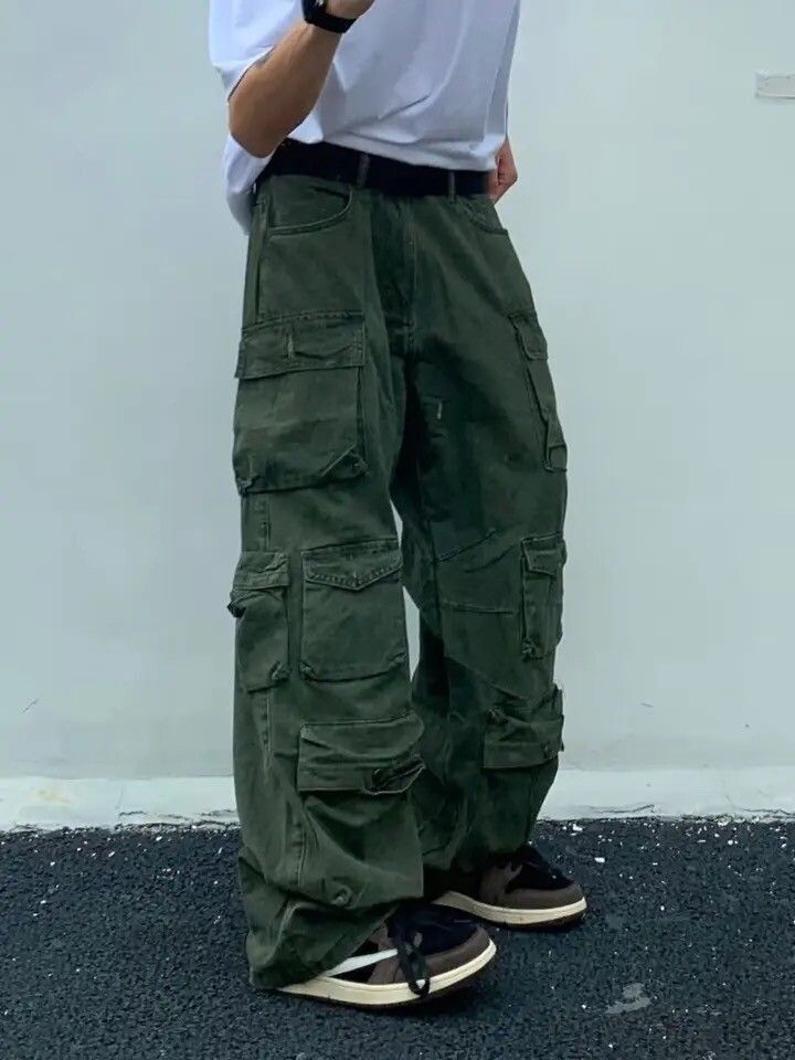 image of Vintage Cargo Pants Multi-Pockets Harajuku Straight Trousers in Khaki, Men's (Size 32)
