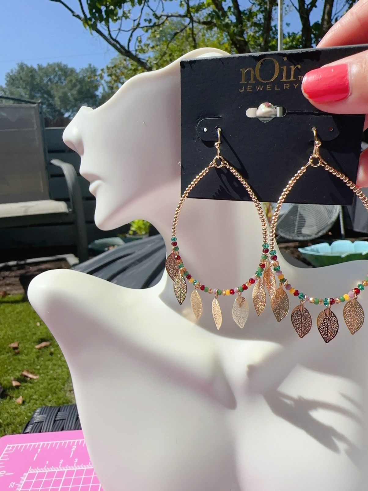Designer Noir gold hollowed leaves tassel colorful beads gold loop Size ONE SIZE - 1 Thumbnail