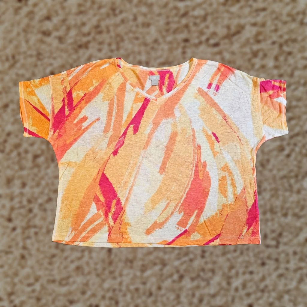 Vintage Chicos Top Shirt Women XL Orange Linen Knit Boxy Stretchy Casual Beachy Easy Care Silhouette Mens Womens Size XL / US 12-14 / IT 48-50 - 1 Thumbnail