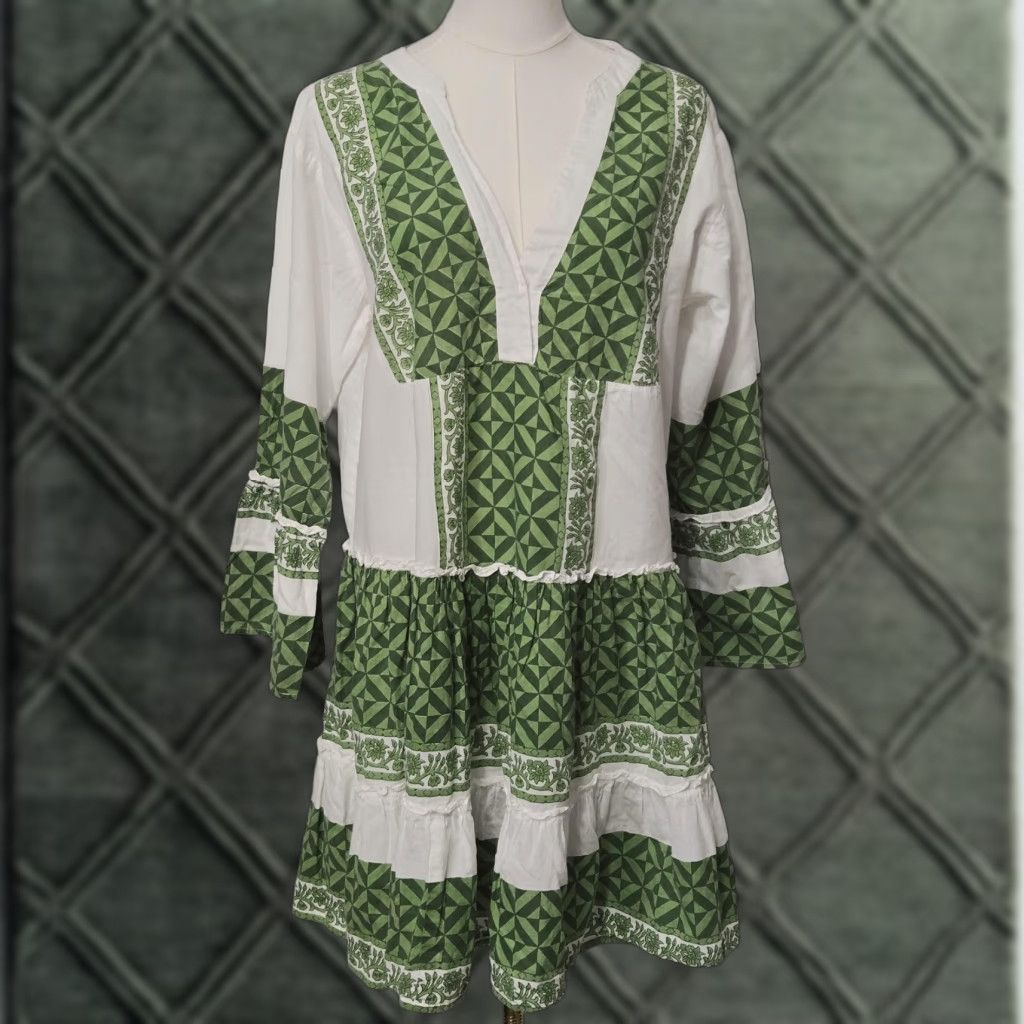 Bell Bindu Dress Womens M Short Green White Geometric Boho Bell Sleeve Swing Size M / US 6-8 / IT 42-44 - 1 Thumbnail