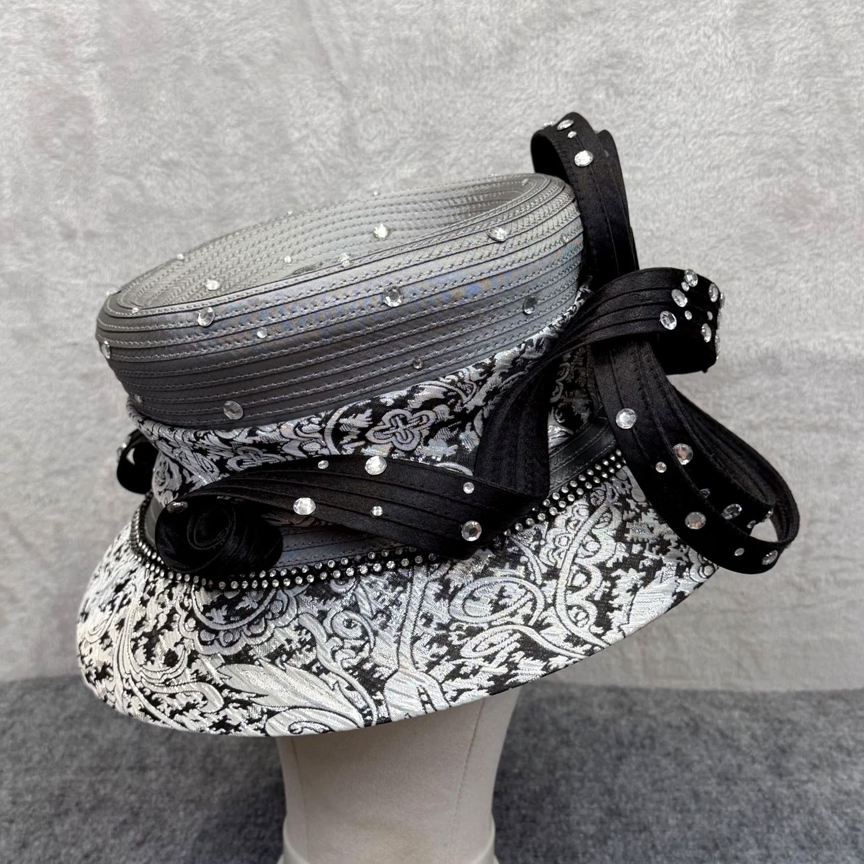 Elite Champagne Hat & Purse SET Fascinator Black Rhinestone Beaded Derby Church Elegant Black Beaded Fascinator Hat With Feathers and Veil  main image 3