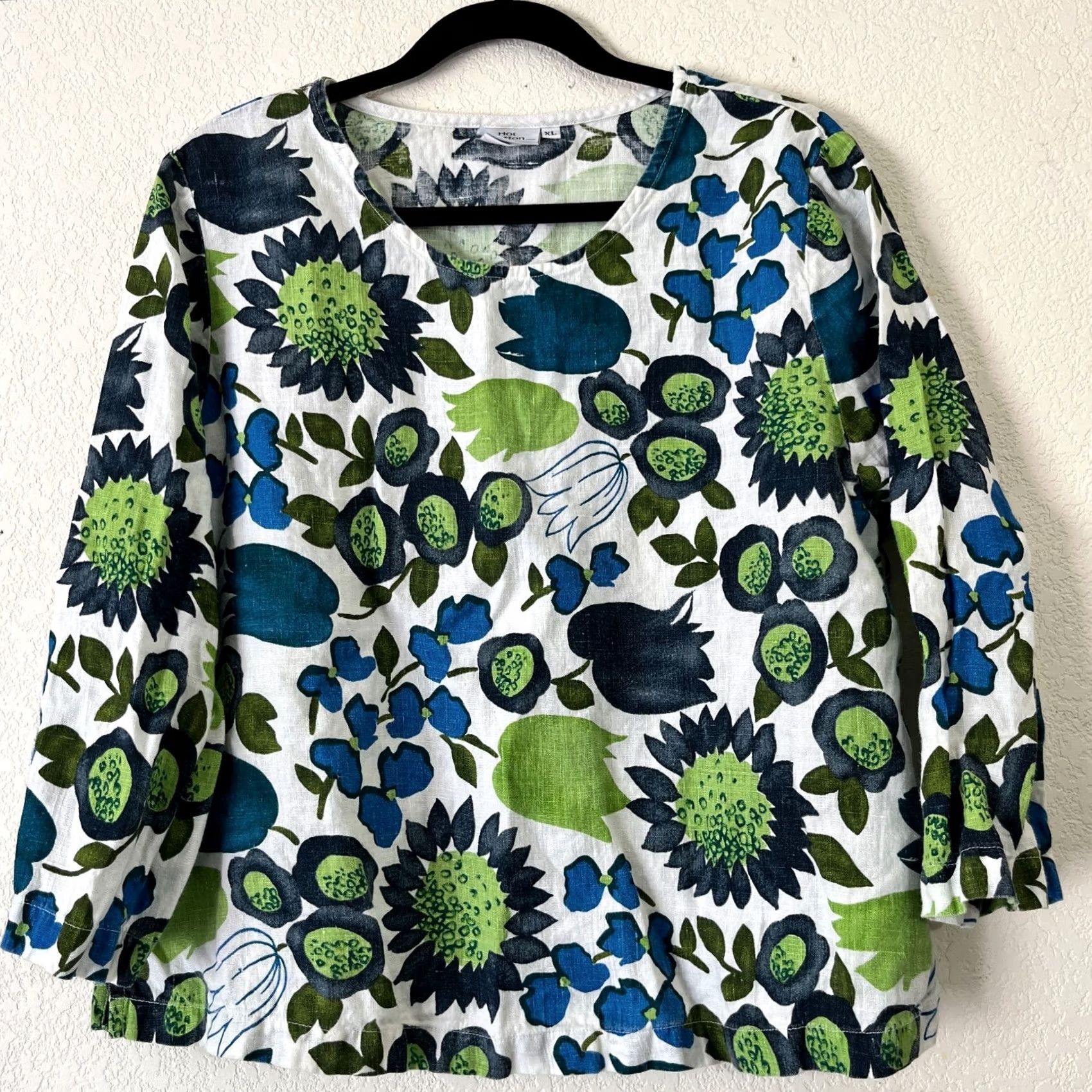 Vintage Hot Cotton Womens Floral Print 3/4 Sleeve Top XL White Round Neck Blouse Size XL / US 12-14 / IT 48-50 - 2 Thumbnail