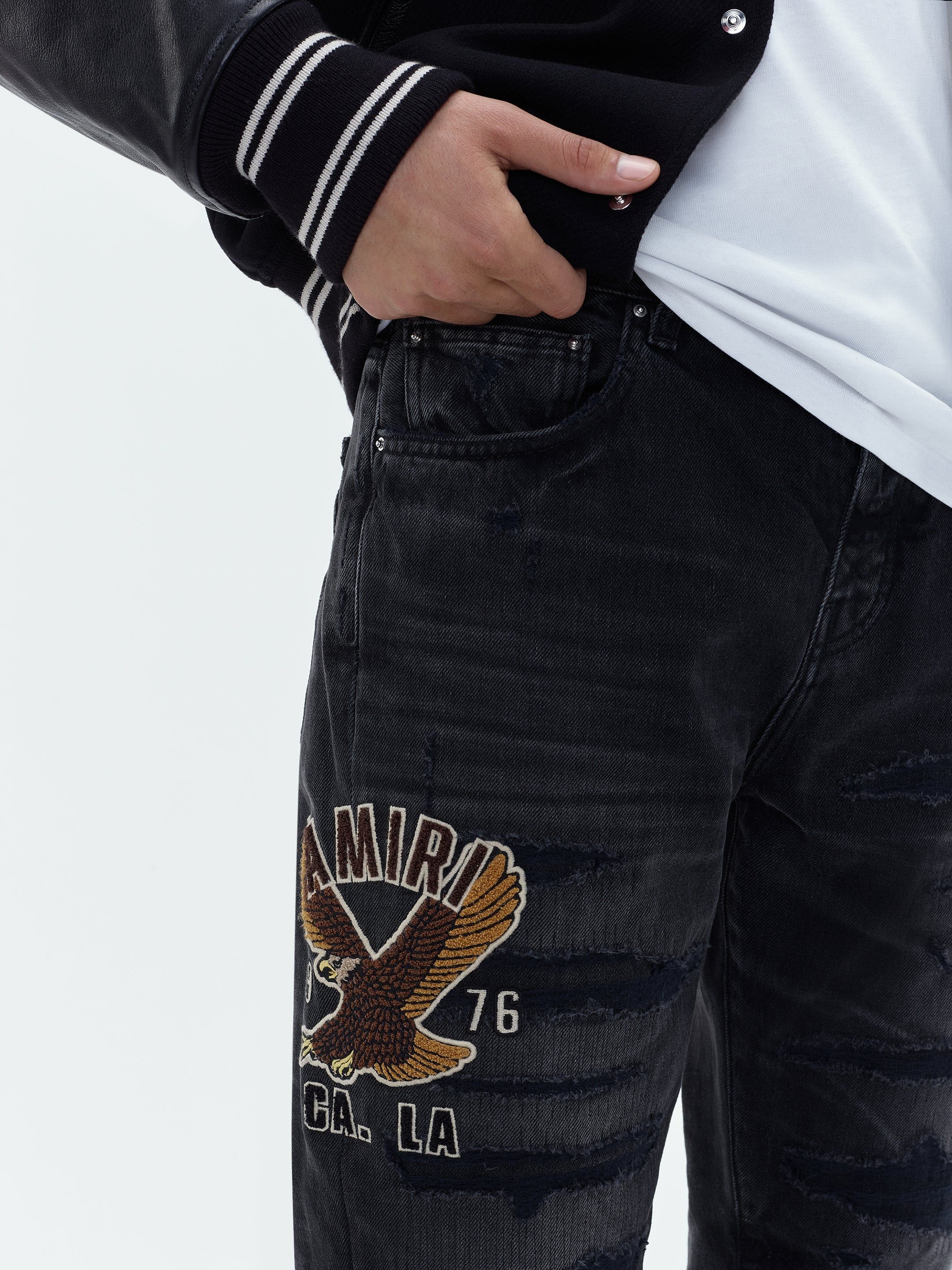 Amiri oc11z0225 Varsity Eagle Logo Straight Jeans in Black Size US 32 / EU 48 - 5 Thumbnail