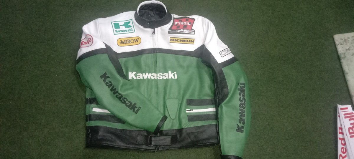 image of Genuine Leather Vintage 90's Kawasaki Racing Motorcycle Riding Leather Jacket in Green/White (Size 