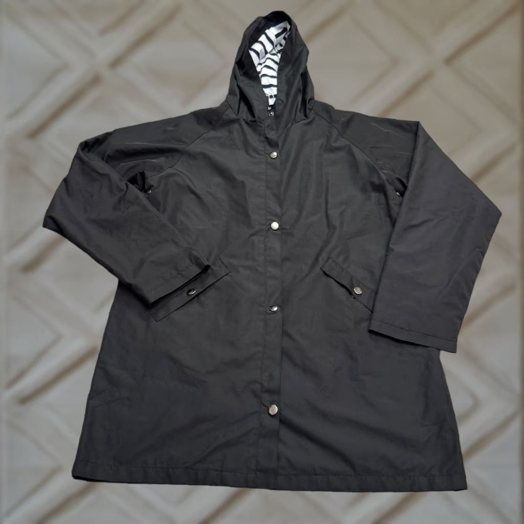 Rains Wantdo Anorak Long Rain Coat Hoodie Jacket Womens Medium Black Stripe Lined Size M / US 6-8 / IT 42-44 - 1 Thumbnail
