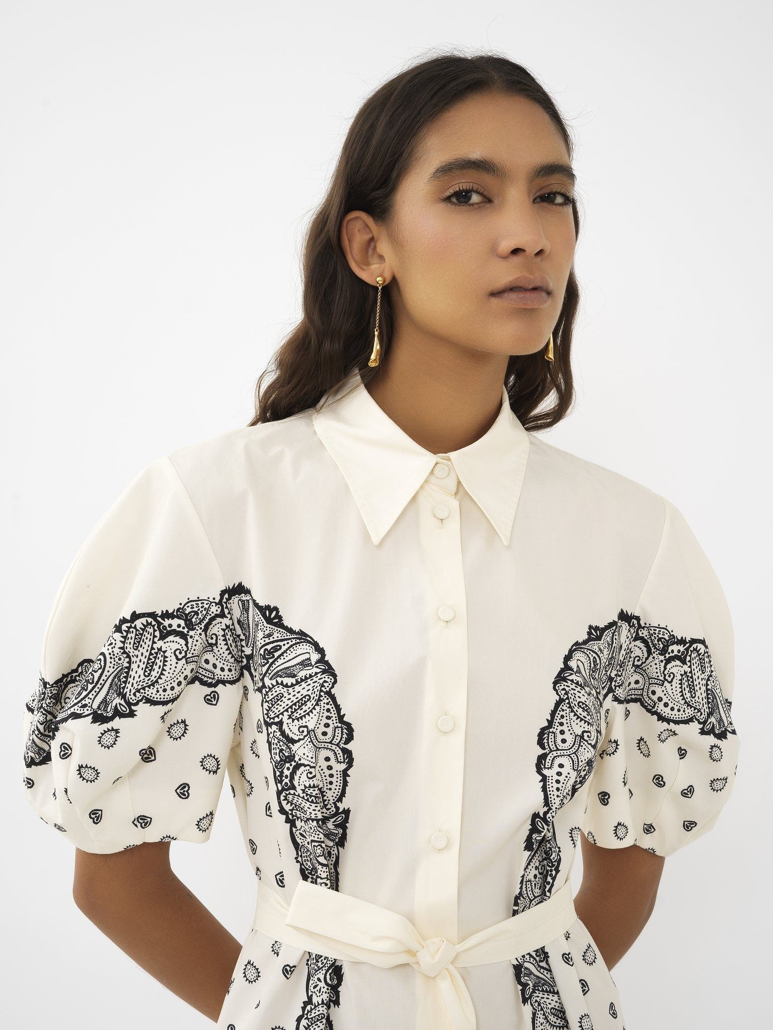 Chloe oc11z0525 Printed Balloon-Sleeve Shirt Dress in White/Black Size XL / US 12-14 / IT 48-50 - 5 Thumbnail