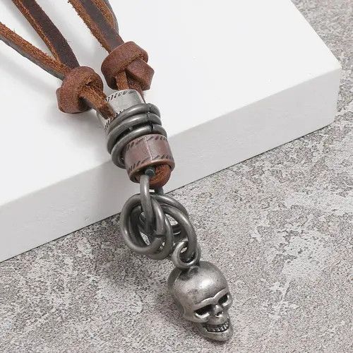 Leather Vintage Handmade Leather Skull Adjustable Necklace Size ONE SIZE - 3 Thumbnail