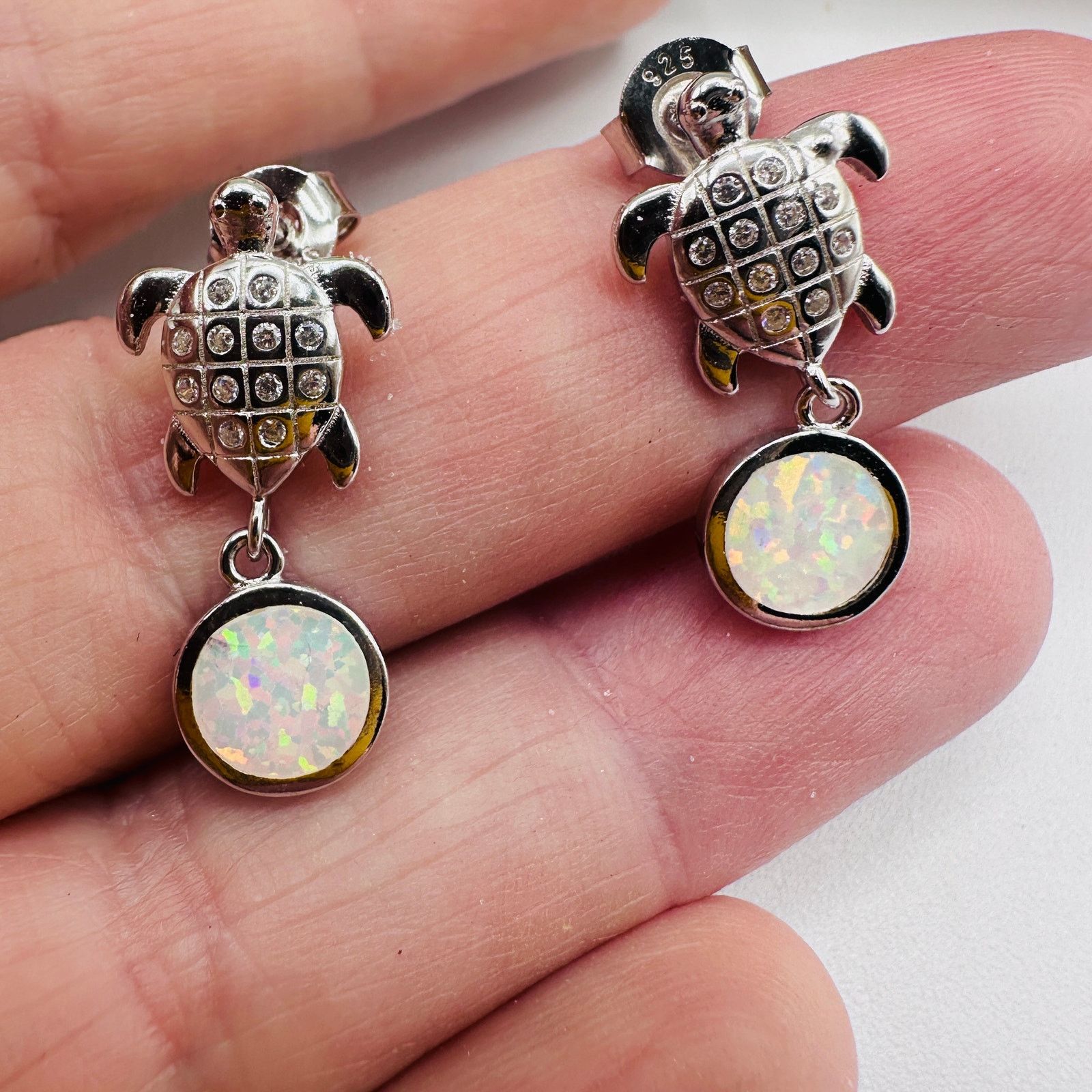 The Unbranded Brand Sterling Silver White Opal Sea & White Topaz Turtle Earrings Size ONE SIZE - 3 Thumbnail