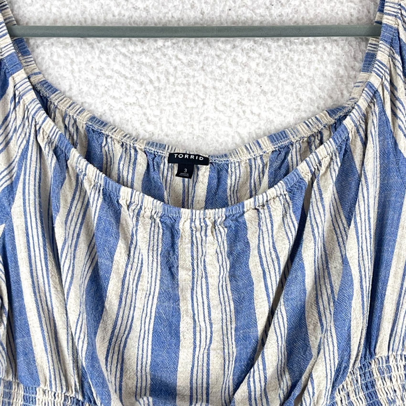 Torrid Torrid Blue Stripe Off Shoulder Crop Shirt 3X Womens Plus Size Smocked Waist Linen Blend Pullover Short Sleeve Top Size XXL / US 16-18 / IT 52-54 - 2 Thumbnail