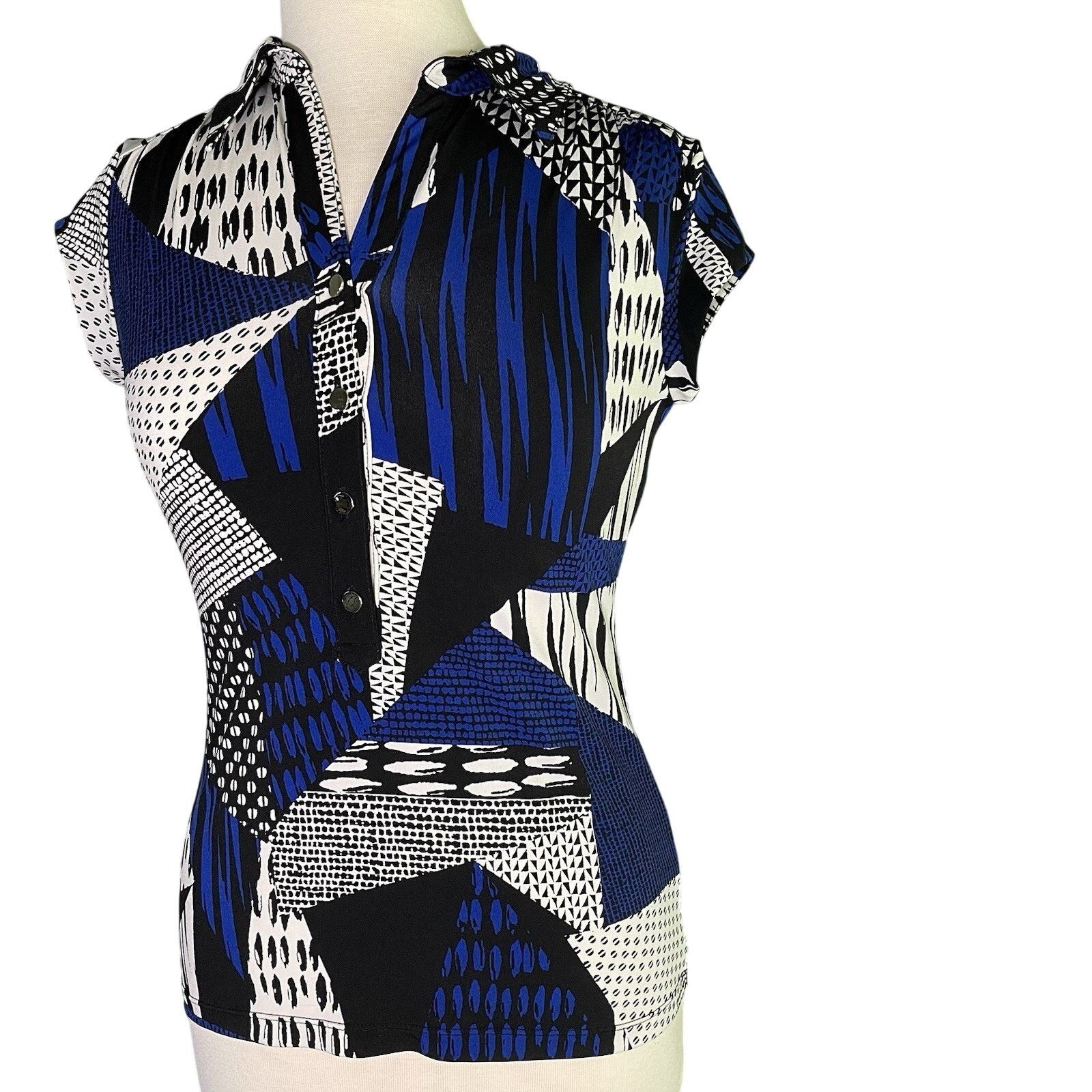 Alfani Alfani Short Sleeve Geometric Boho Blouse Blue Black P/S Size M / US 6-8 / IT 42-44 - 1 Thumbnail