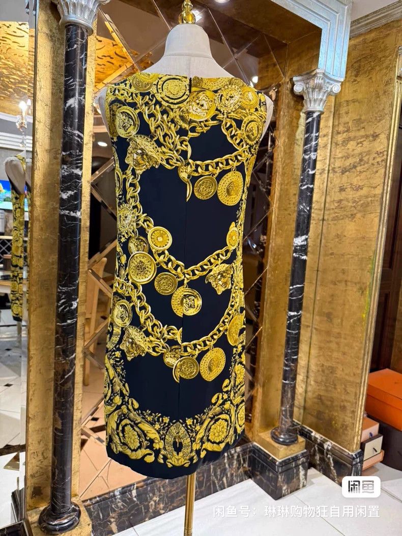 Versace Black gold chain print dress