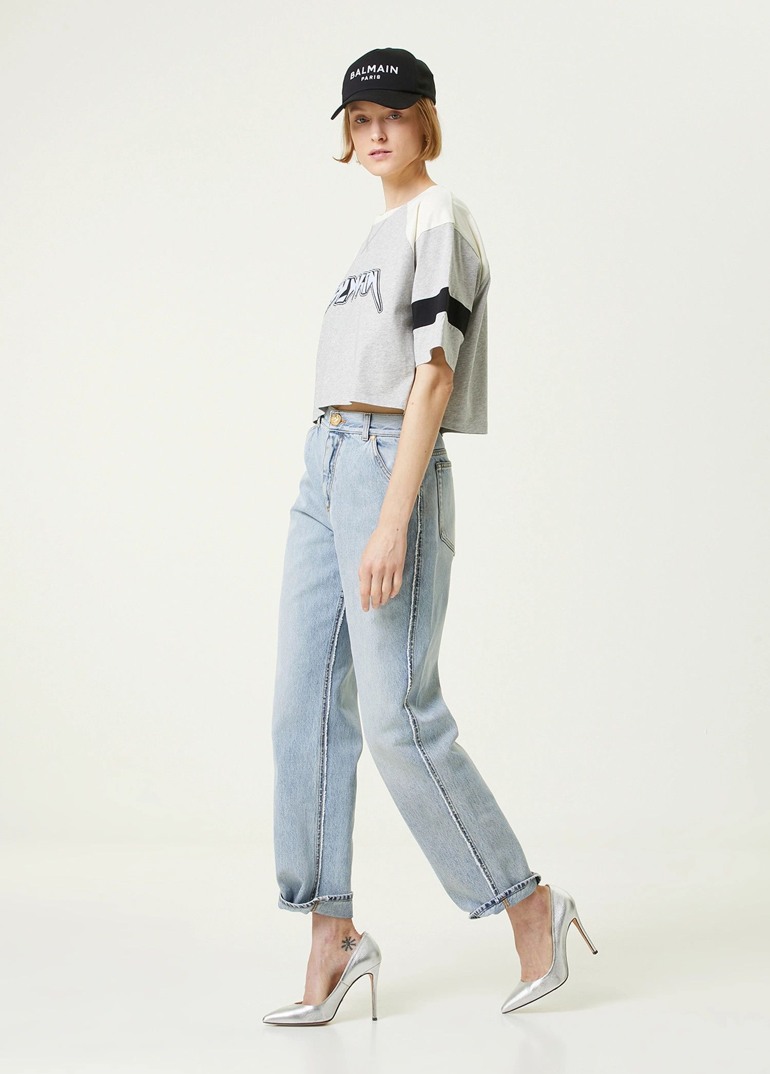 Balmain BALMAIN gray white logo print cropped biker t-shirt Large Size L / US 10 / IT 46 - 6 Thumbnail
