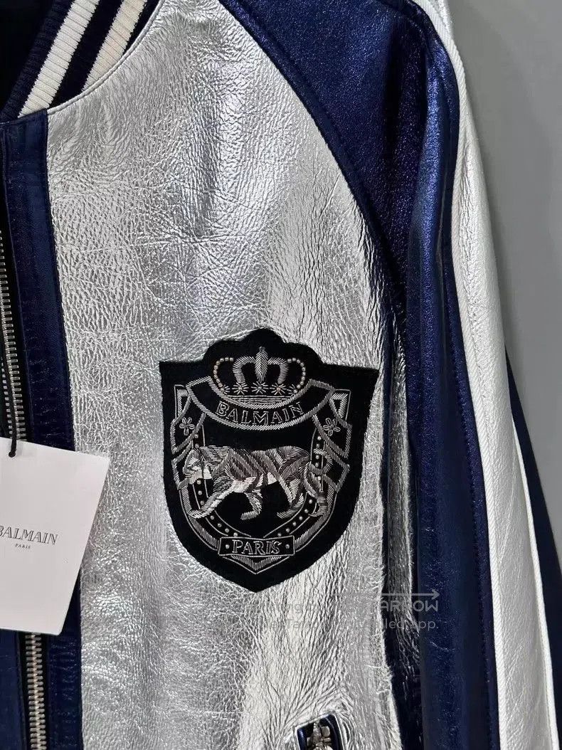 Balmain Silvery Bomber Jacket with Navy Accents. Size US L / EU 52-54 / 3 - 3 Thumbnail
