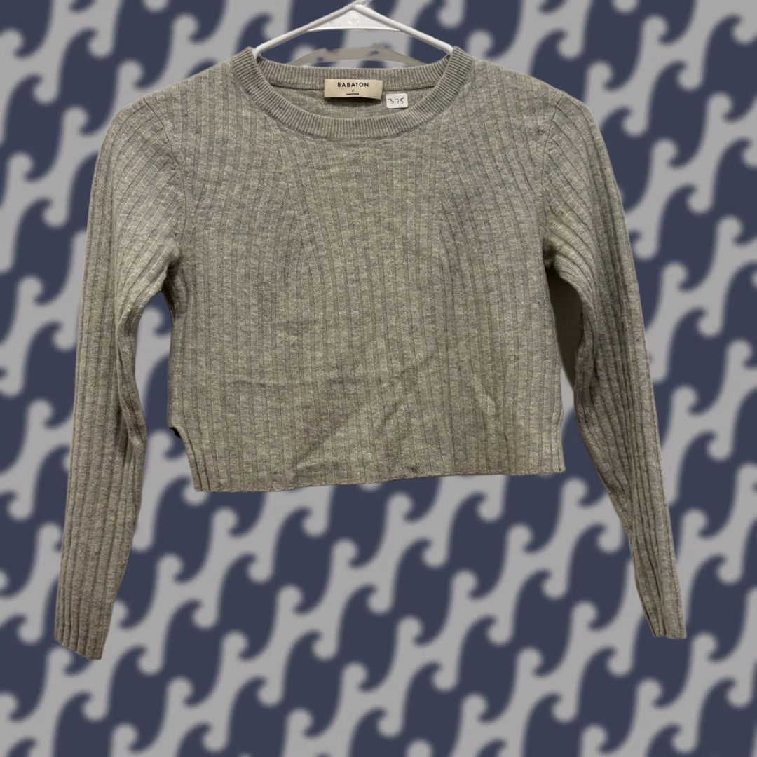 Vintage Babaton Ribbed Knit Cropped Sweater Grey Wool Linen Blend Womens S Crew Neck Long Sleeve Pullover Casual Fall Winter Spring All Seasons Slim Size S / US 4 / IT 40 - 1 Thumbnail