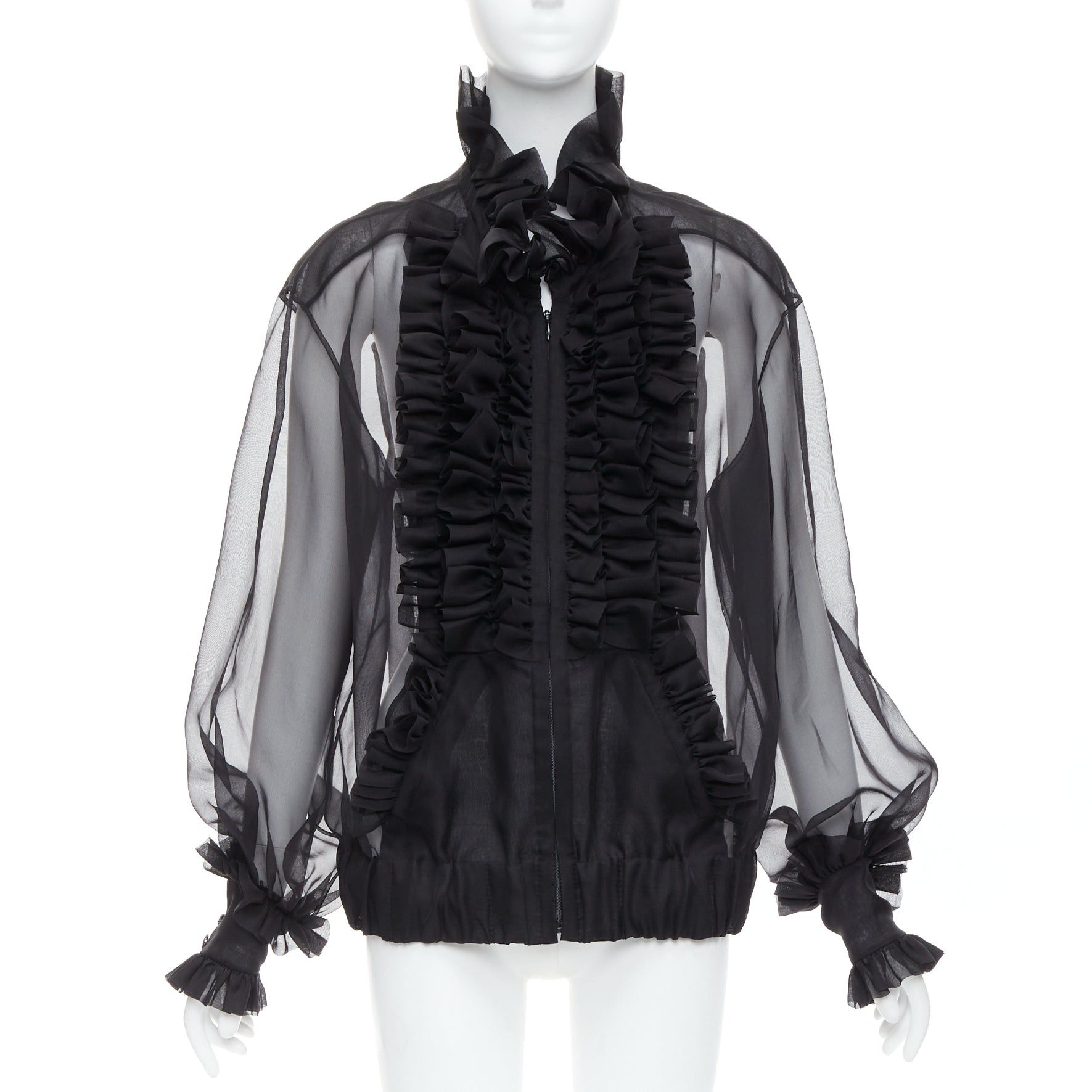 Chanel rare CHANEL black sheer silk Victorian ruffle collar zip up bomber jacket Size L / US 10 / IT 46 - 1 Thumbnail