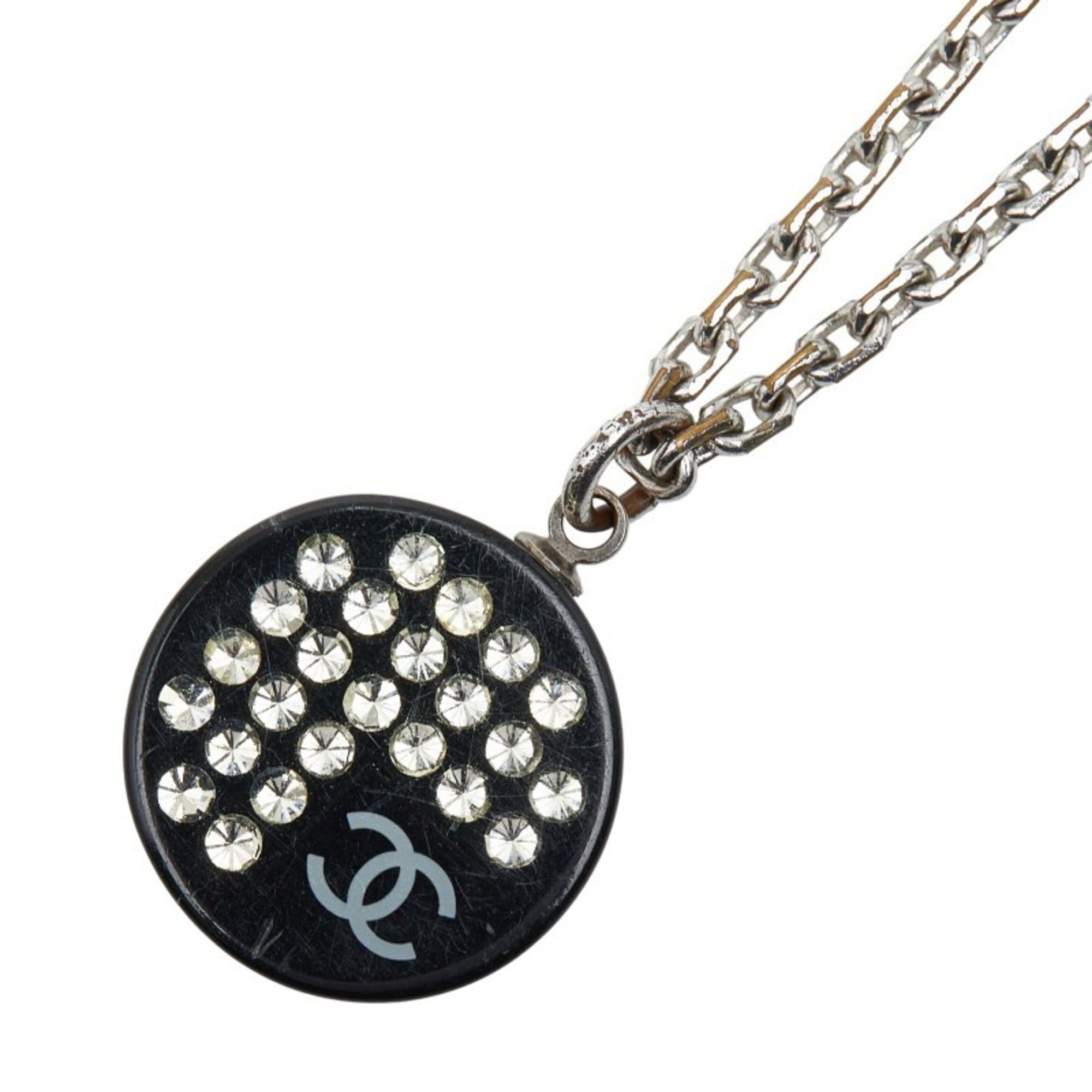 Chanel Coco Mark Rhinestone Necklace in Silver and Black Metal with Plastic Women's