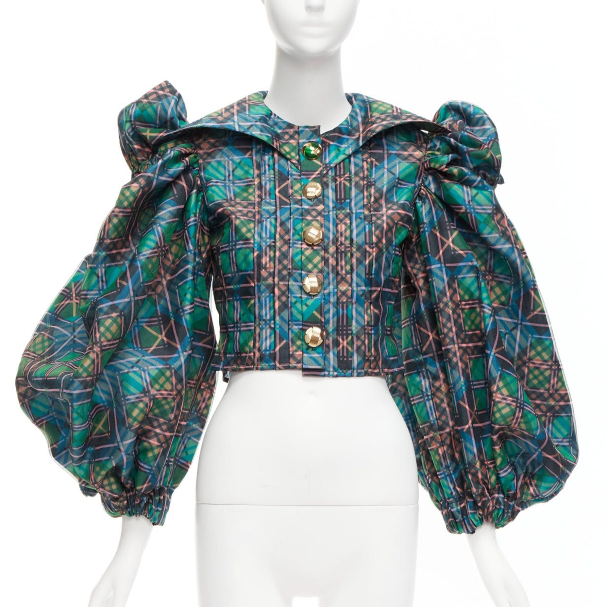image of Chopova Lowena Green Plaid Tartan Gold Textured Button Puff Sleeve Crop Shirt S, Women's (Size Smal