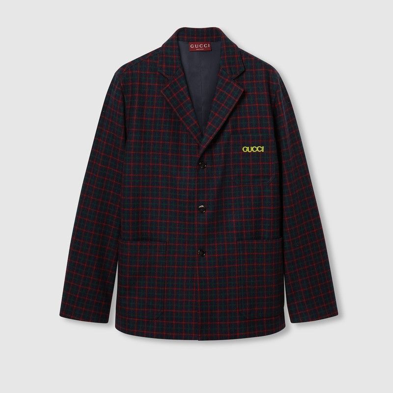 Gucci o1loc1c1125 814510 Embroidered Check Wool Flannel Jacket Size US M / EU 48-50 / 2 - 1 Thumbnail